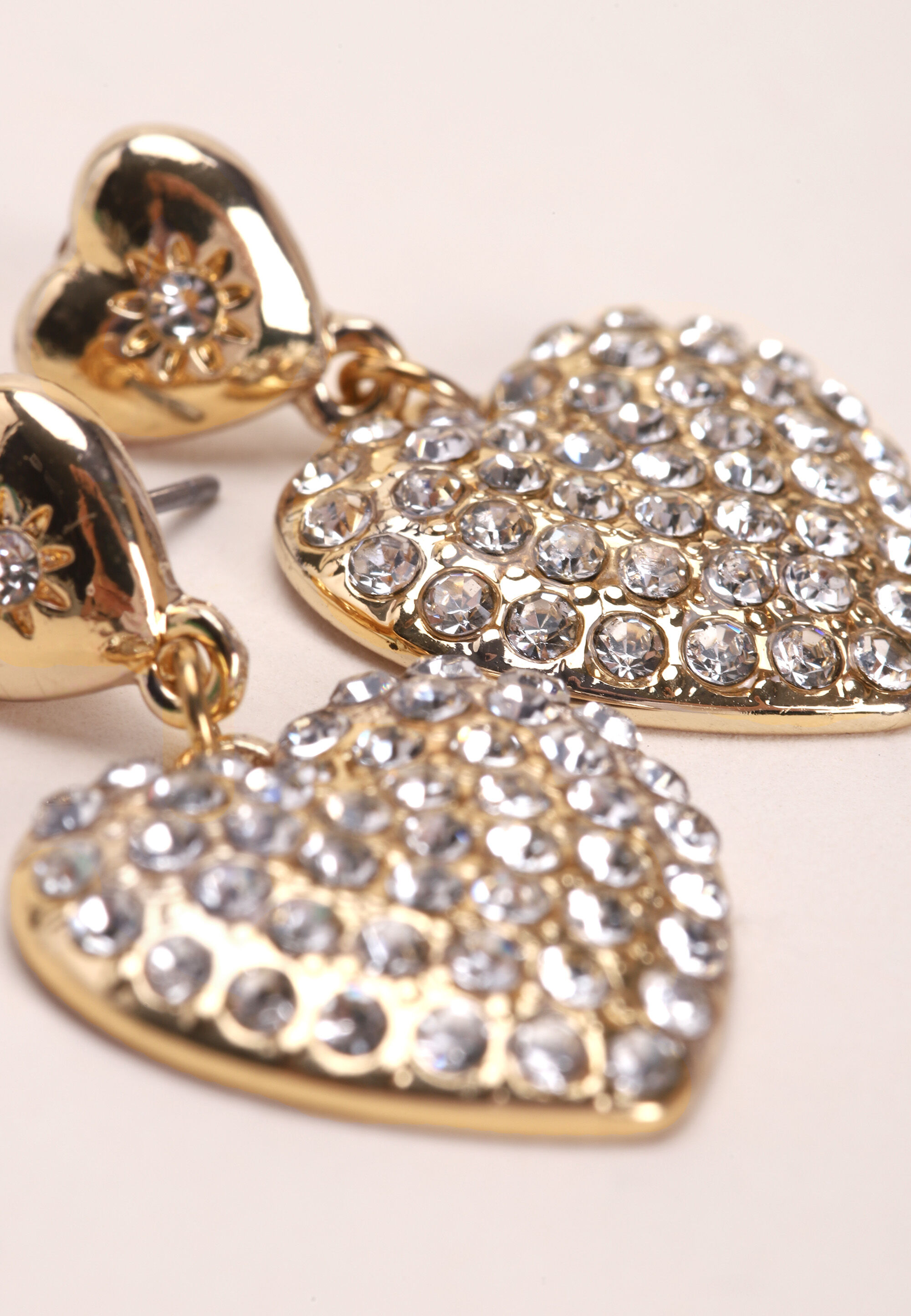 Womens Gold Heart Diamante Drop Earrings