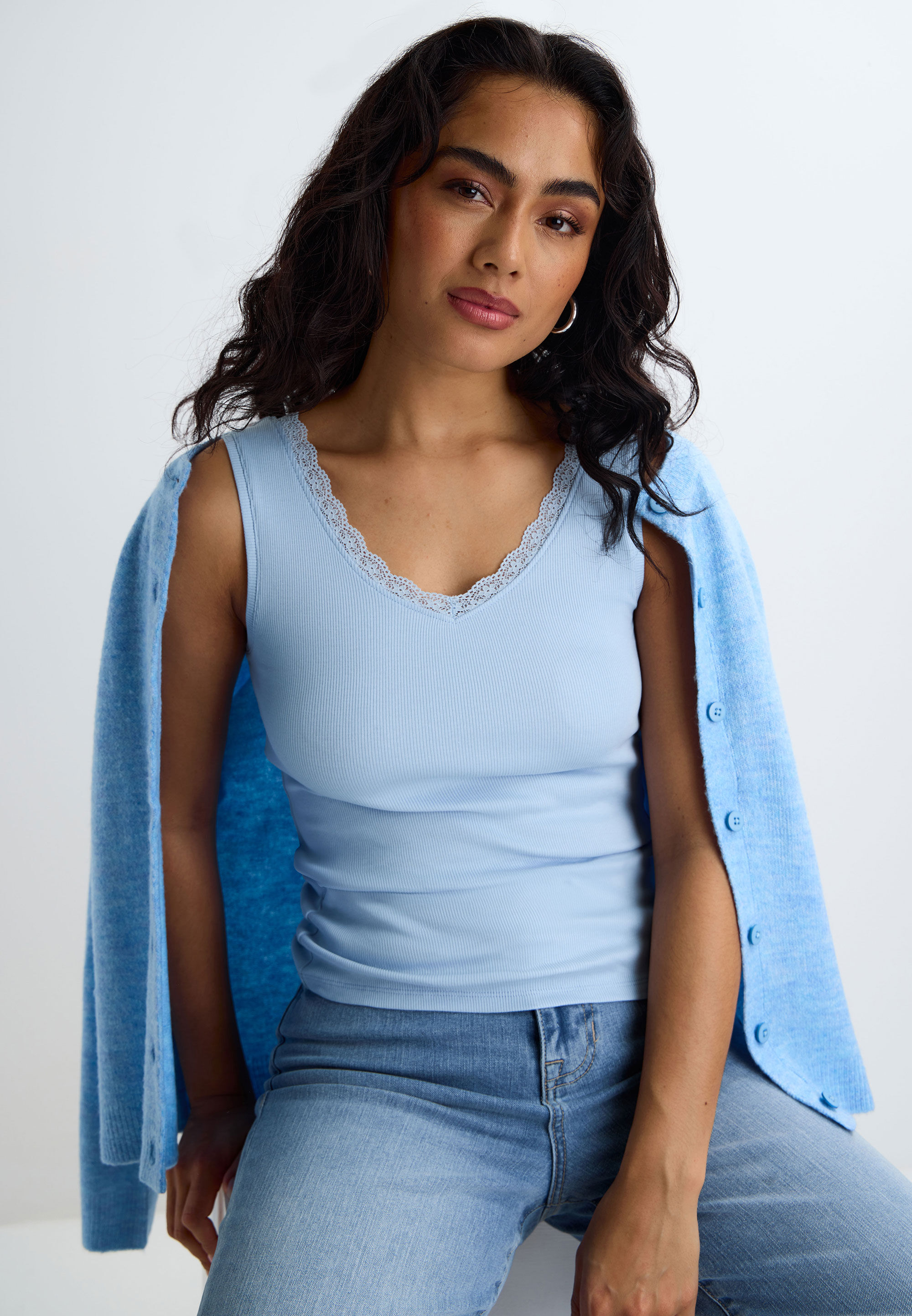 Womens Light Blue Ribbed Lace Trim Vest Top