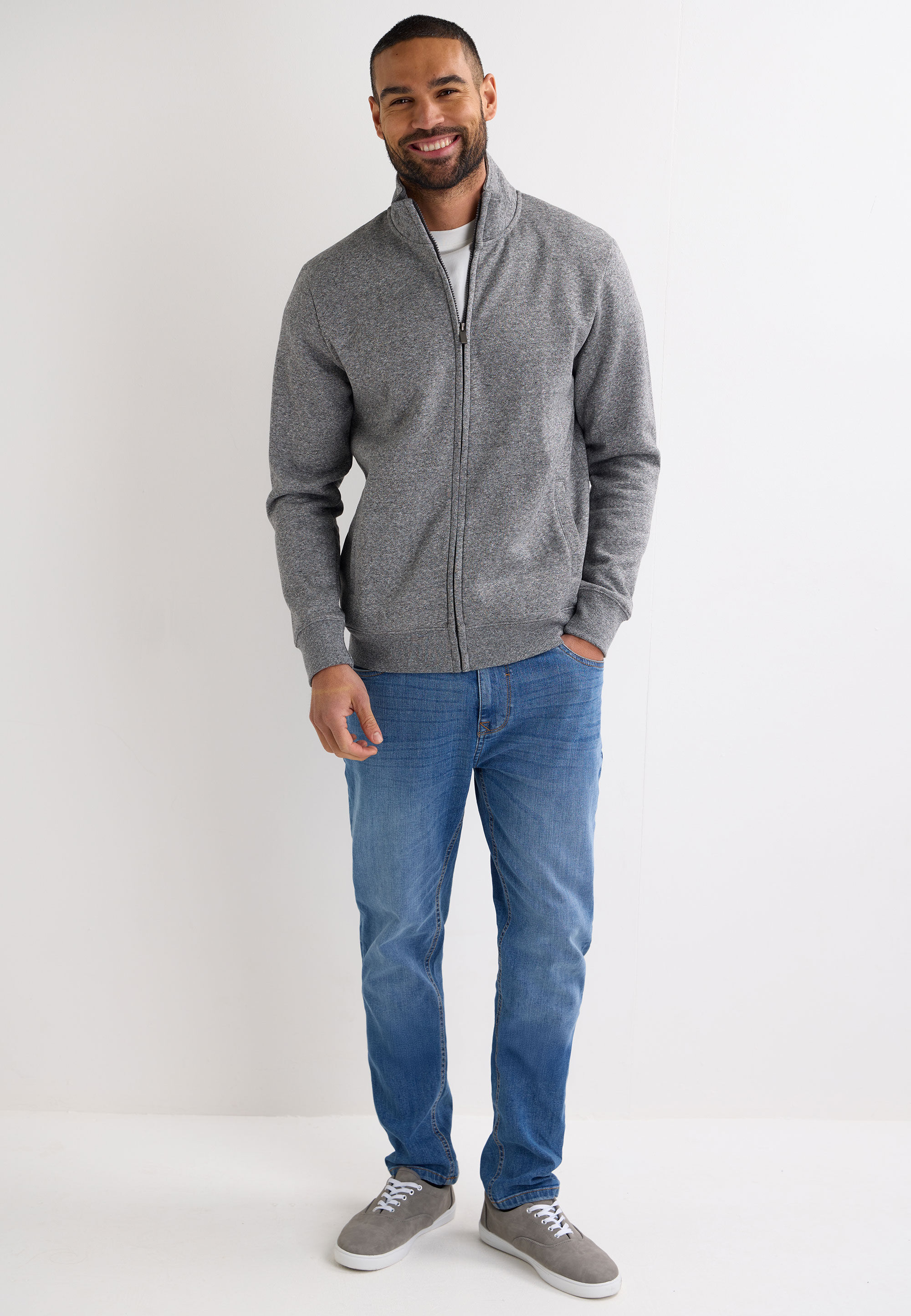 Mens Light Grey Funnel Neck Zip Through Sweatshirt