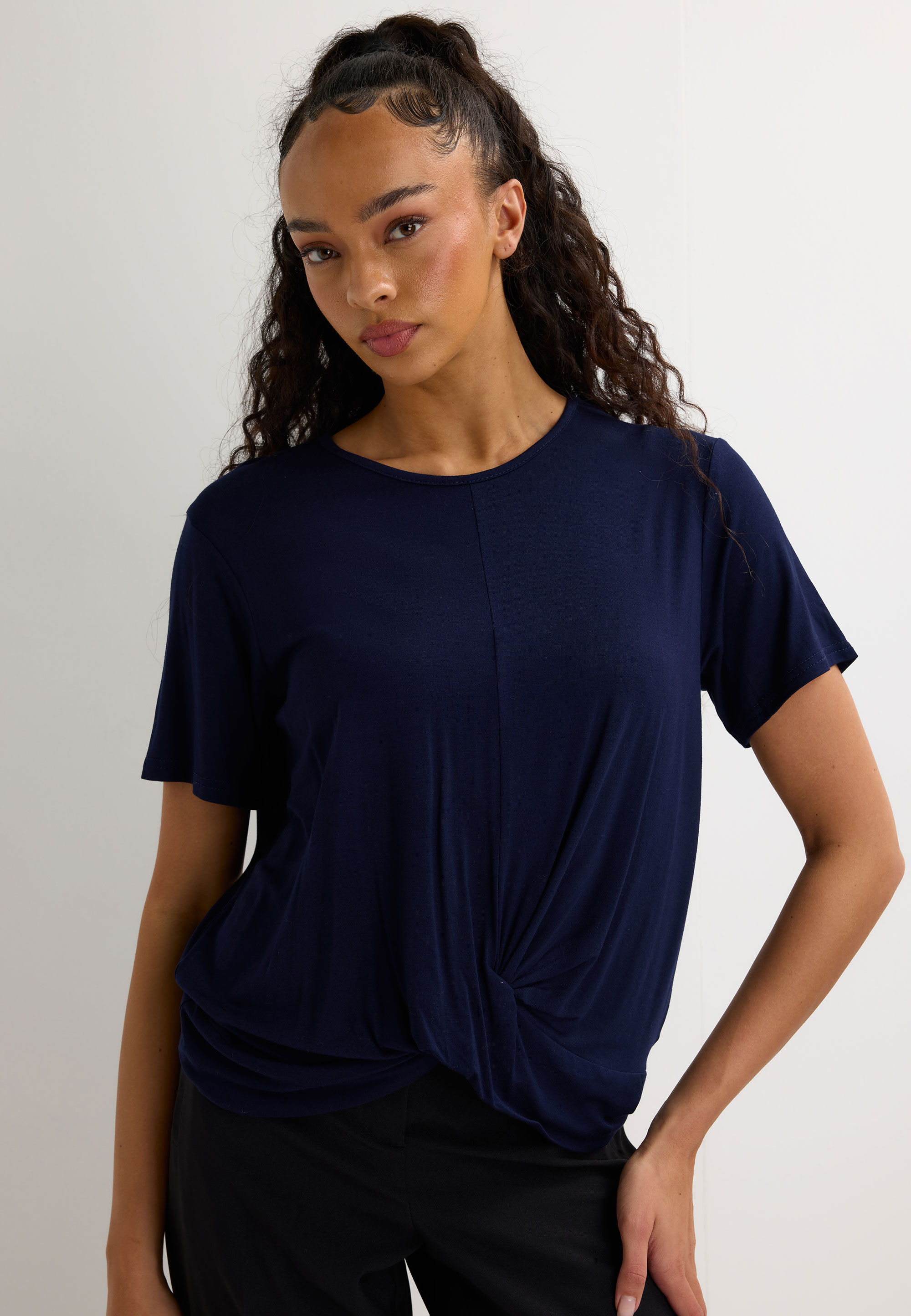 Womens Navy Plain Front Twist Top