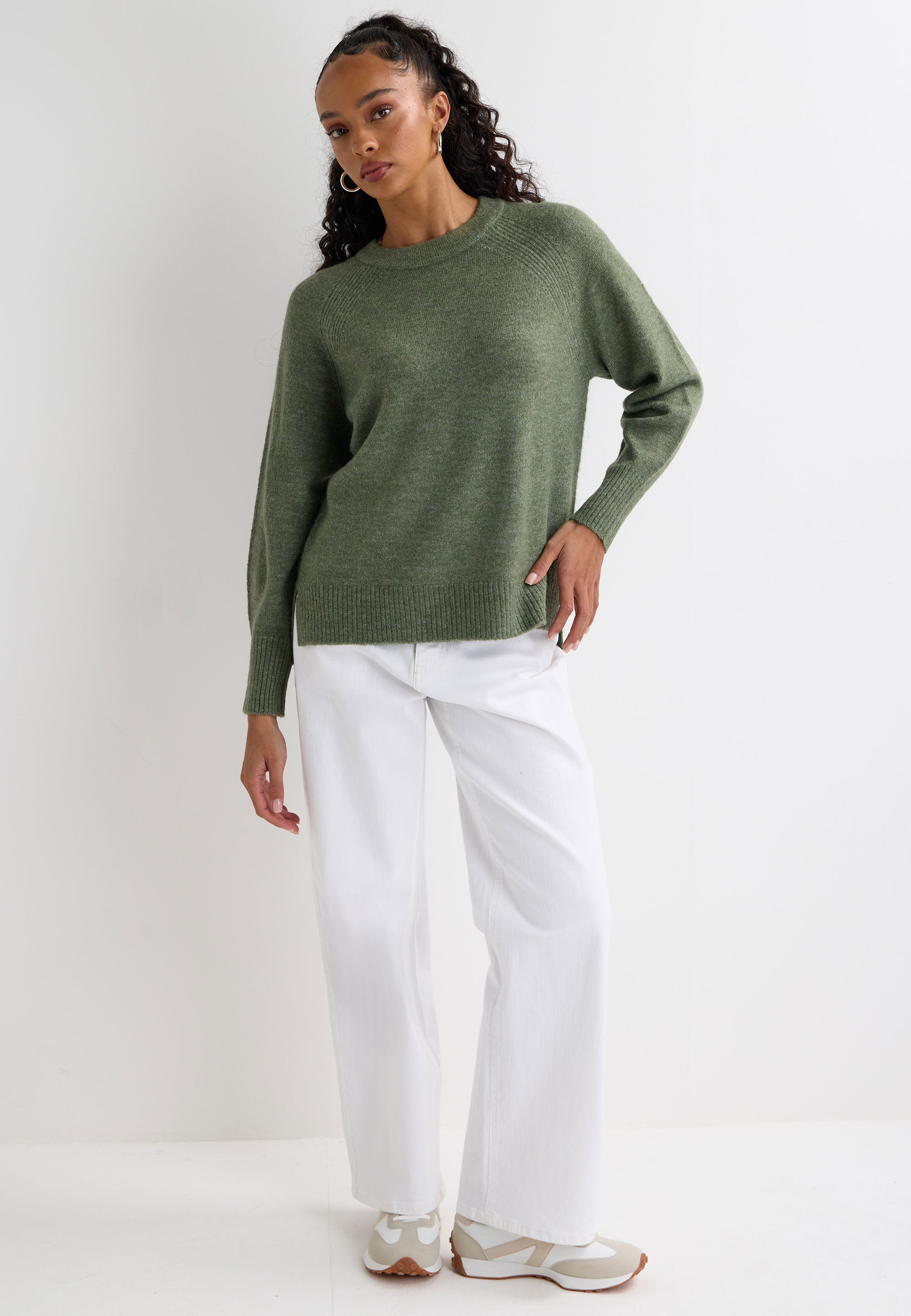 Womens Khaki Side Split Crew Neck Jumper