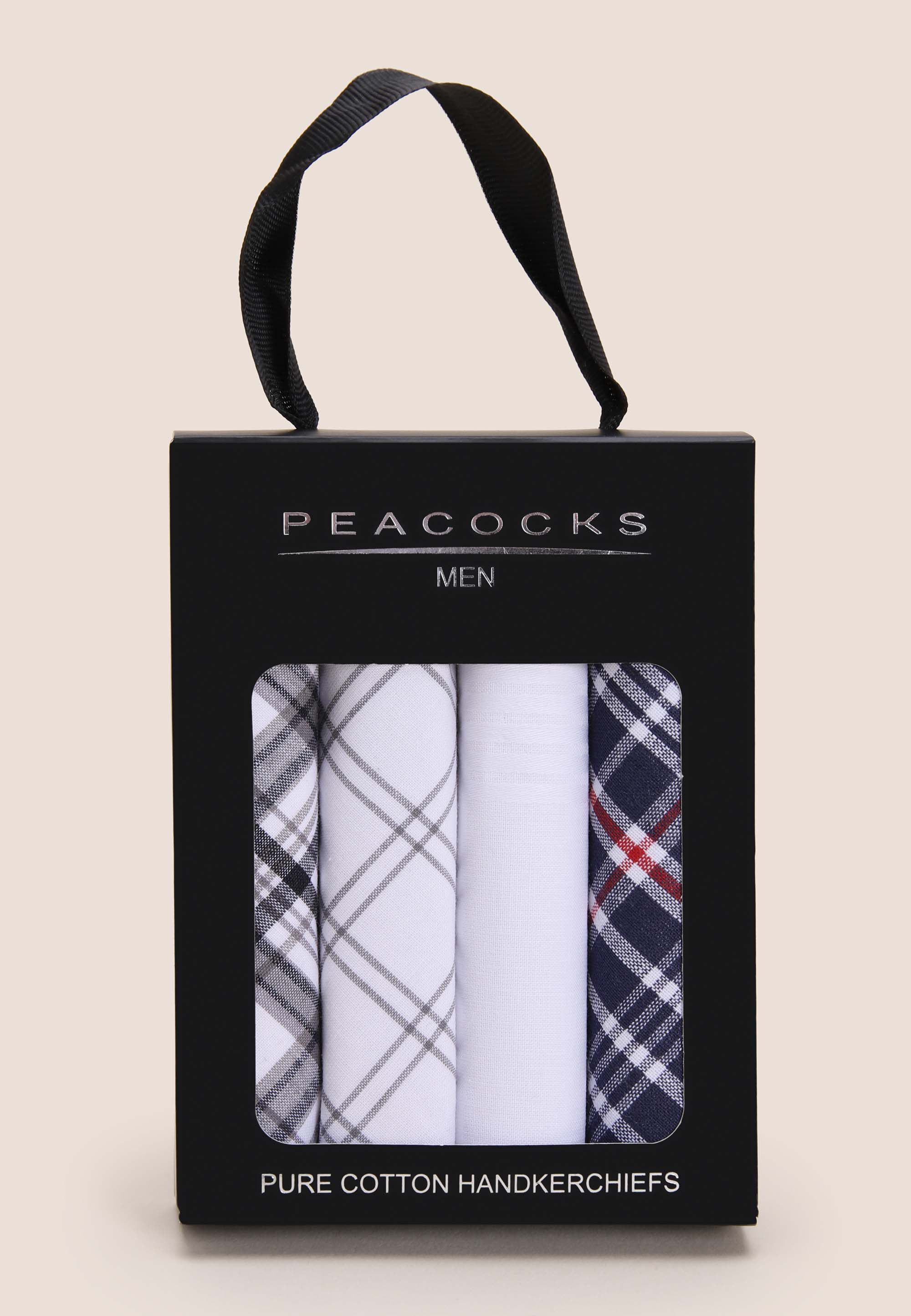 Mens 4pk White & Black Check Cotton Handkerchiefs