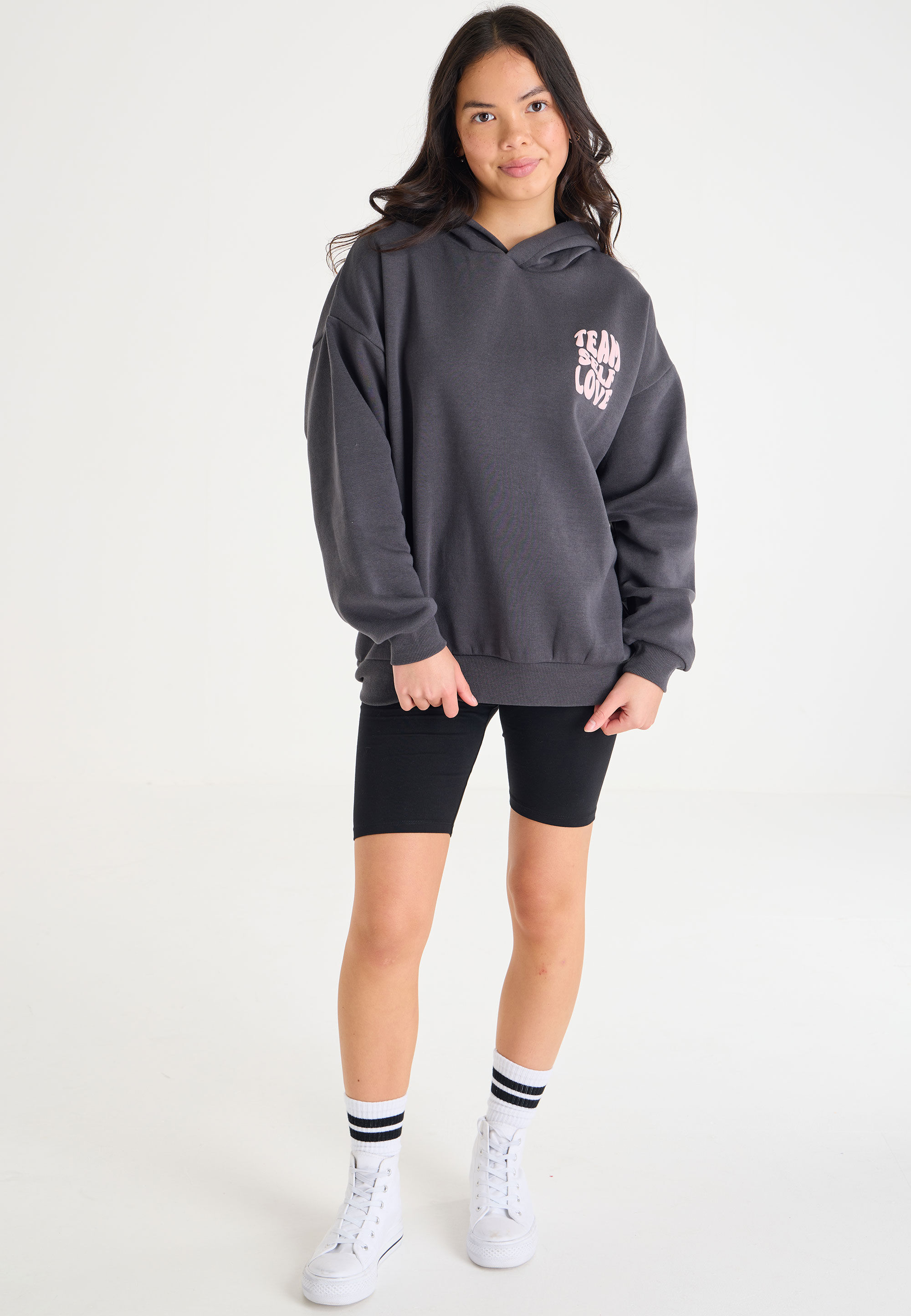 Older Girls Charcoal & Pink Oversized Slogan Hoody