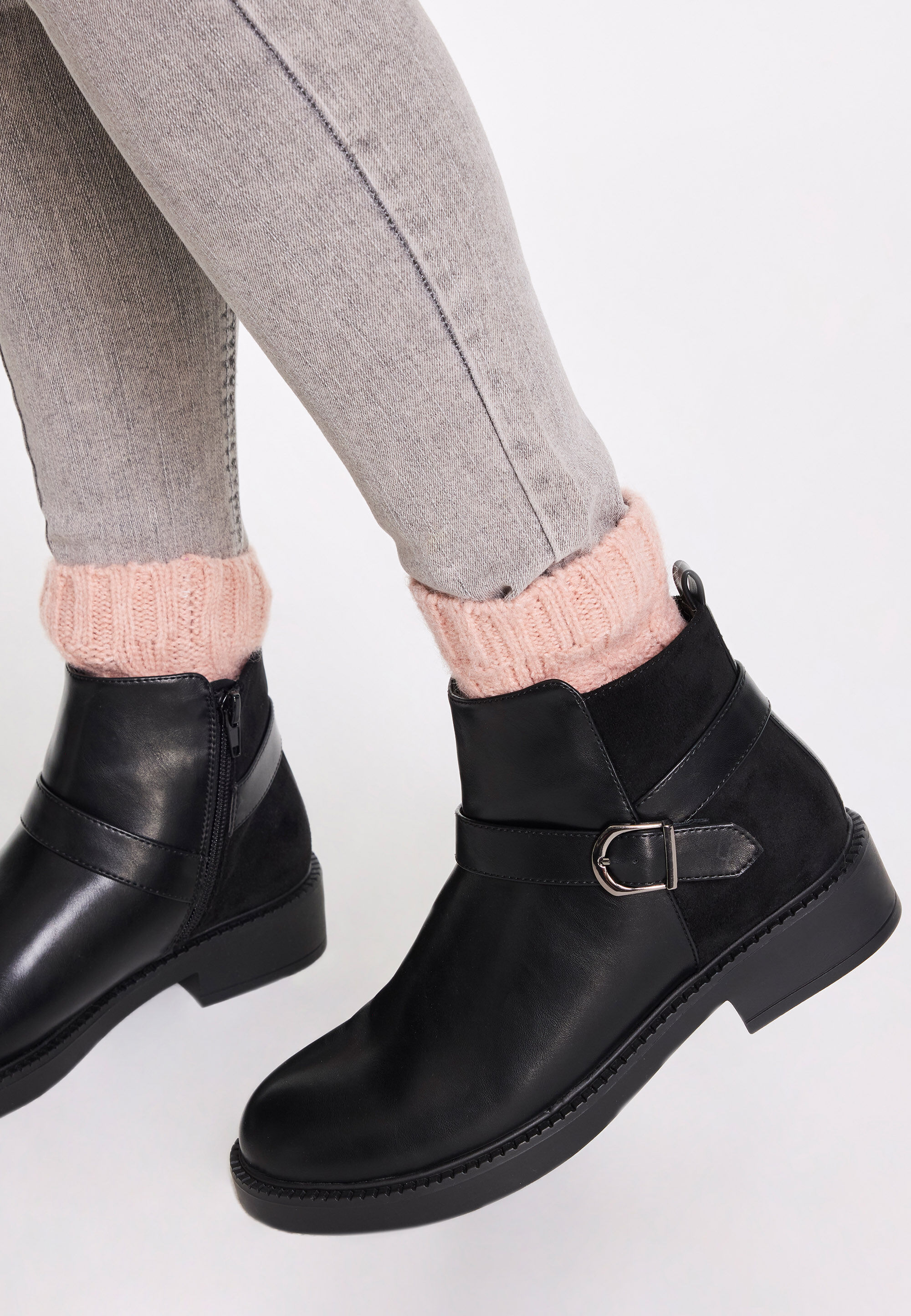 Womens Black Wrap Around Buckle Ankle Boots