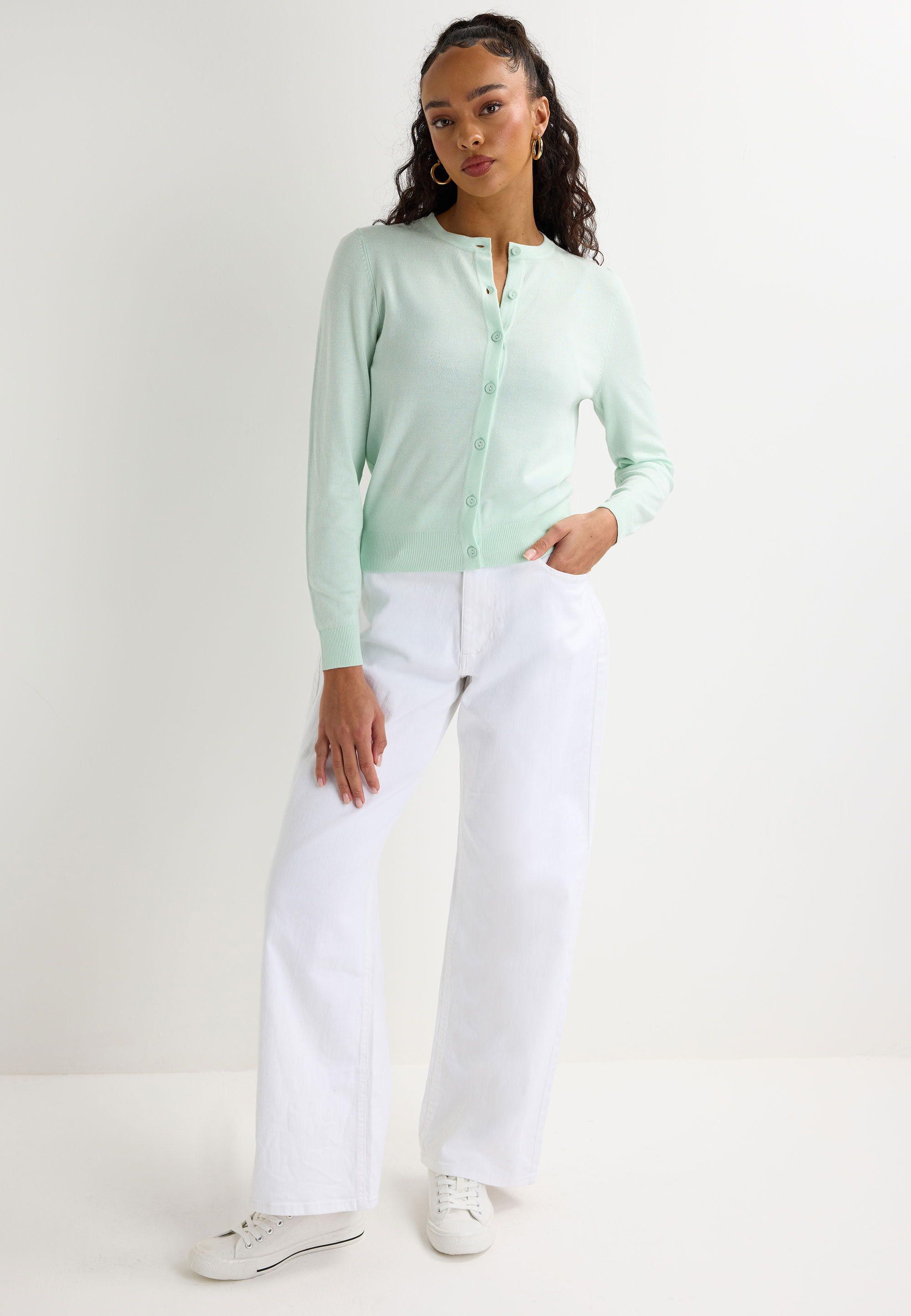 Womens Mint Green Plain Crew Neck Cardigan