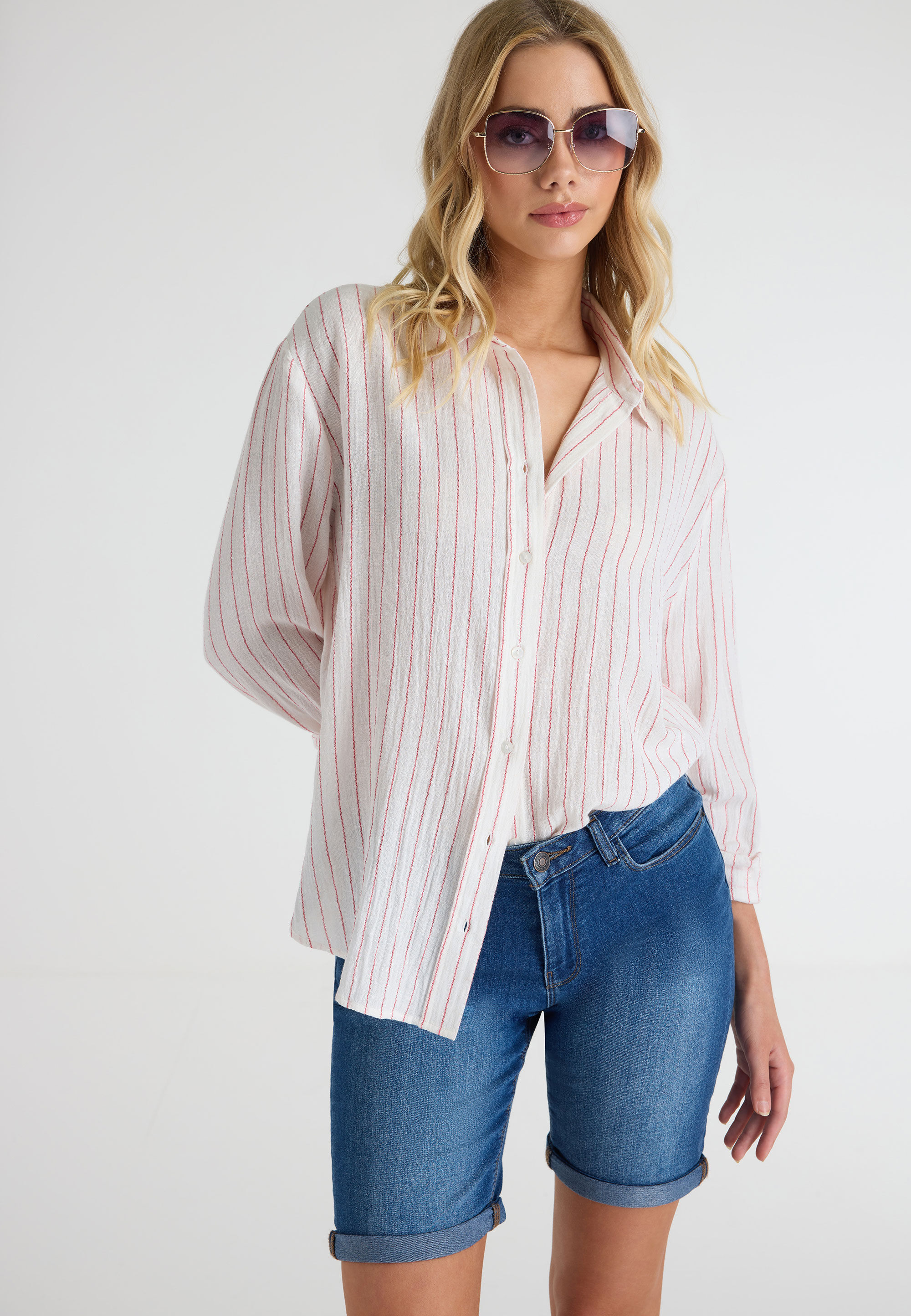 Womens Cream Linen Blend Pinstripe Shirt