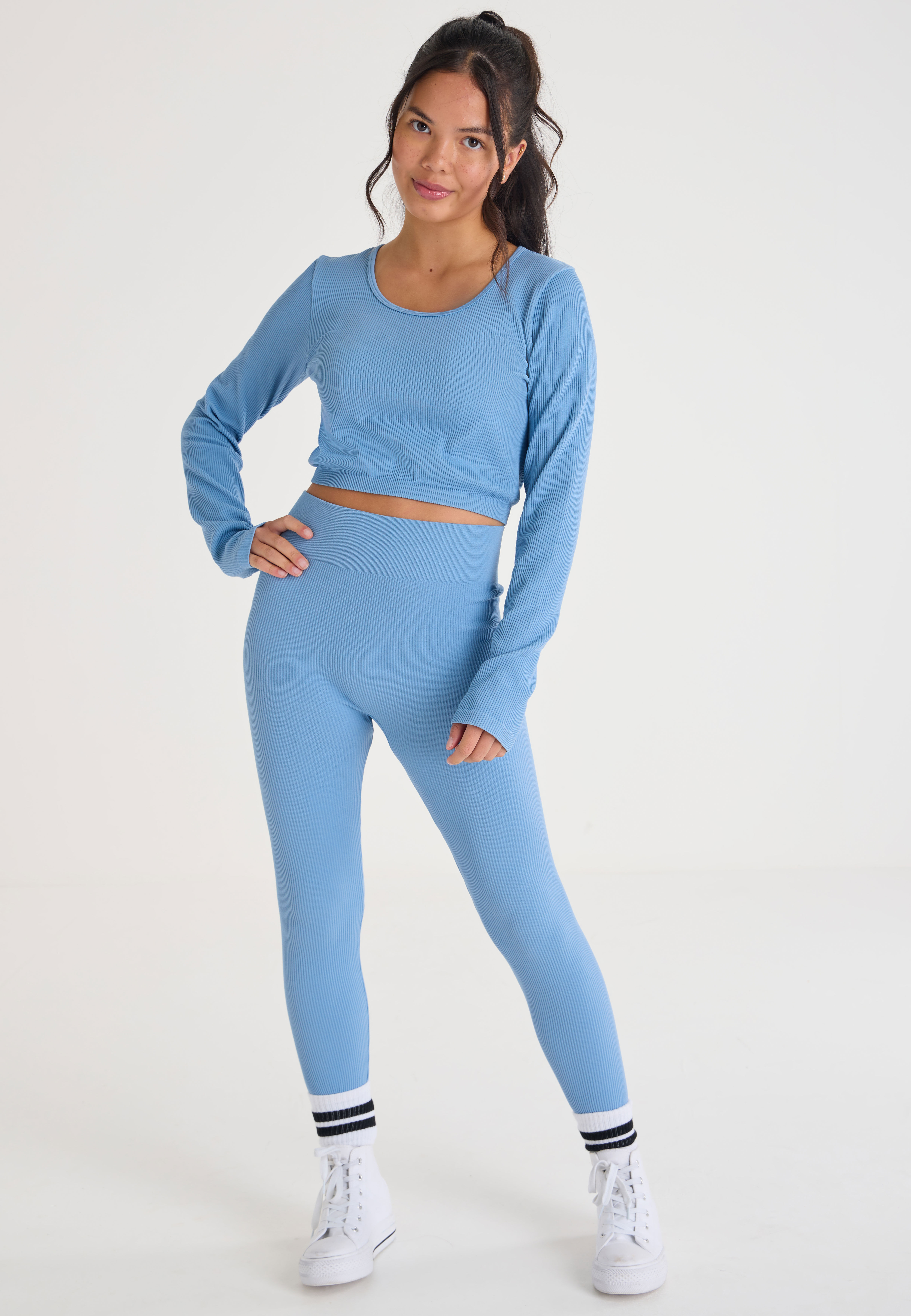 Older Girls Blue Plain Seamless Rib Leggings