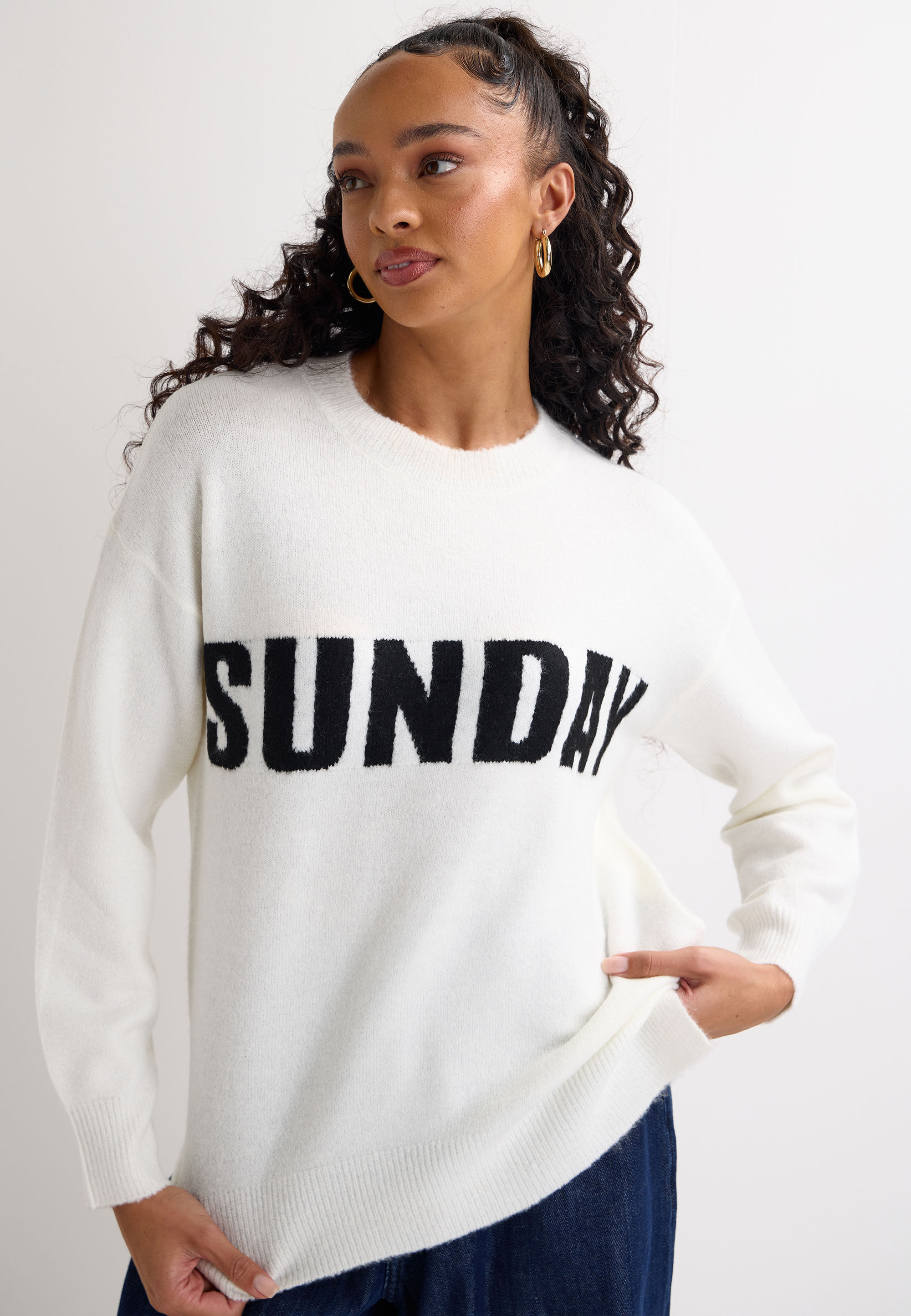 Womens Ecru & Black Sunday Slogan Knitted Jumper