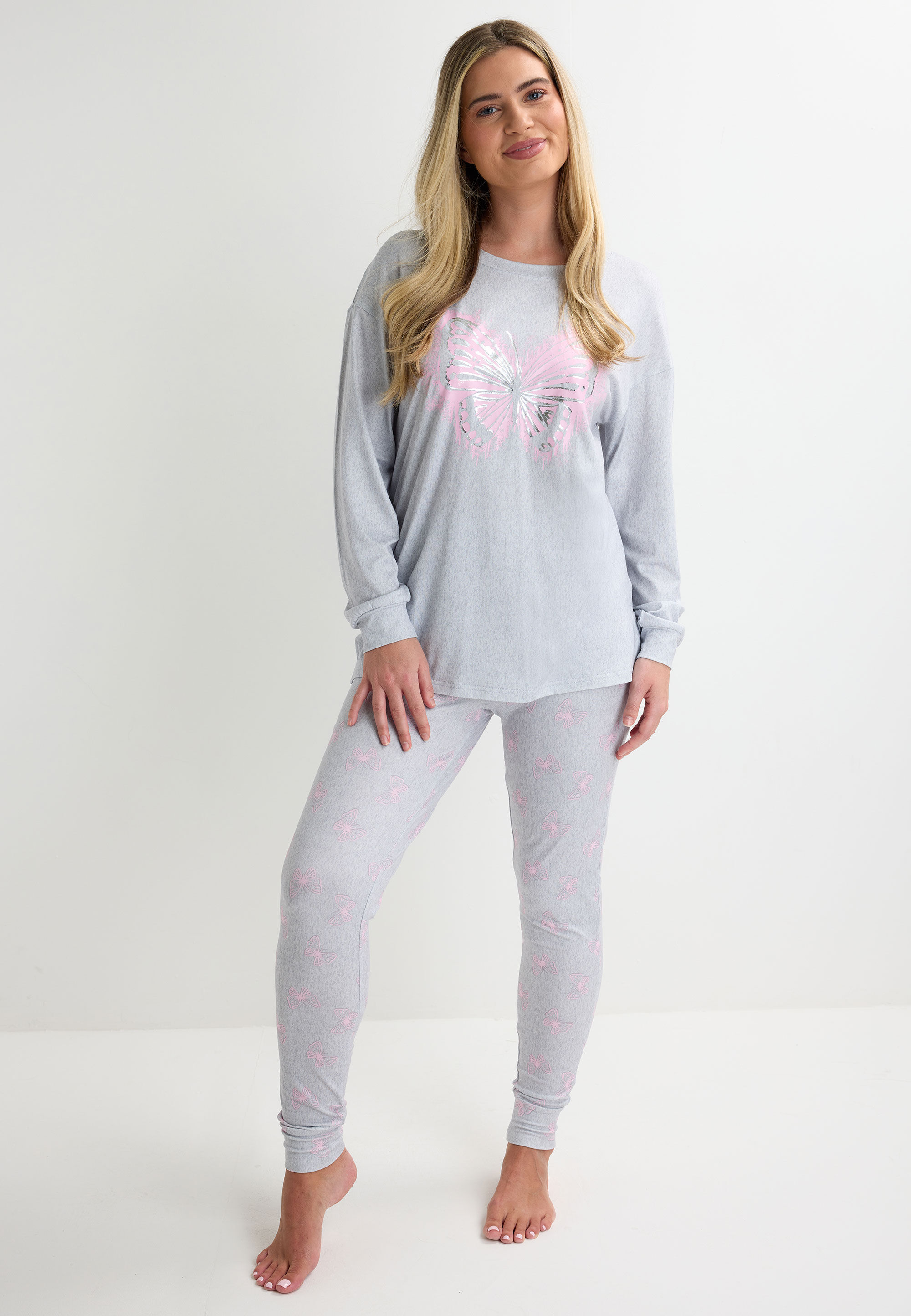 Womens Grey & Pink Butterfly Print Soft Touch Pyjama Set