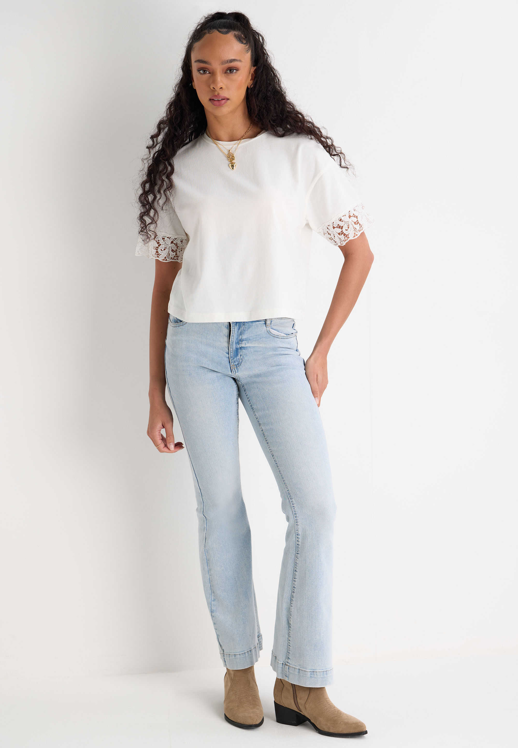 Womens Cream Acid Wash Short Lace Sleeve T-shirt