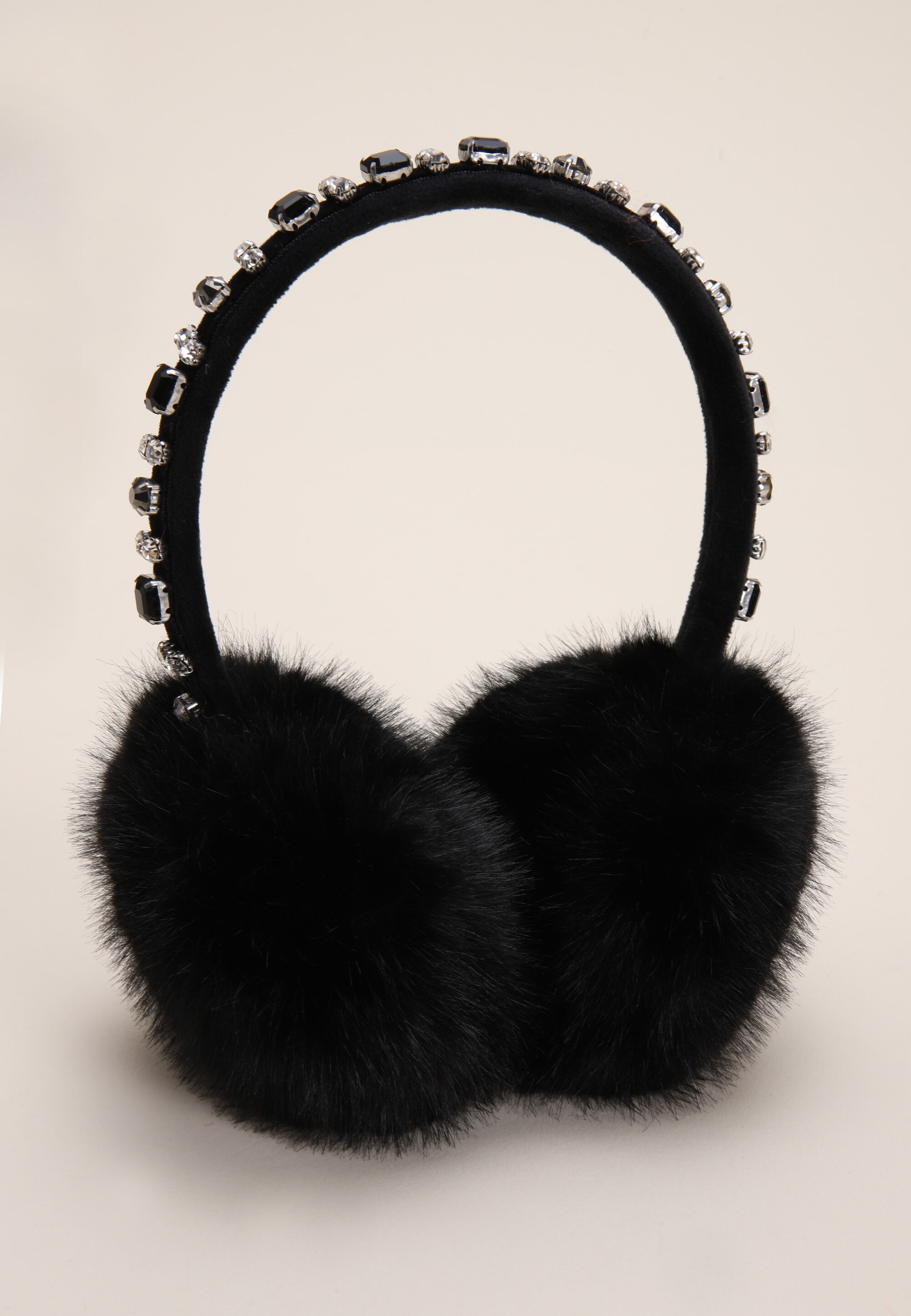 Womens Black Embellished Fluffy Earmuffs