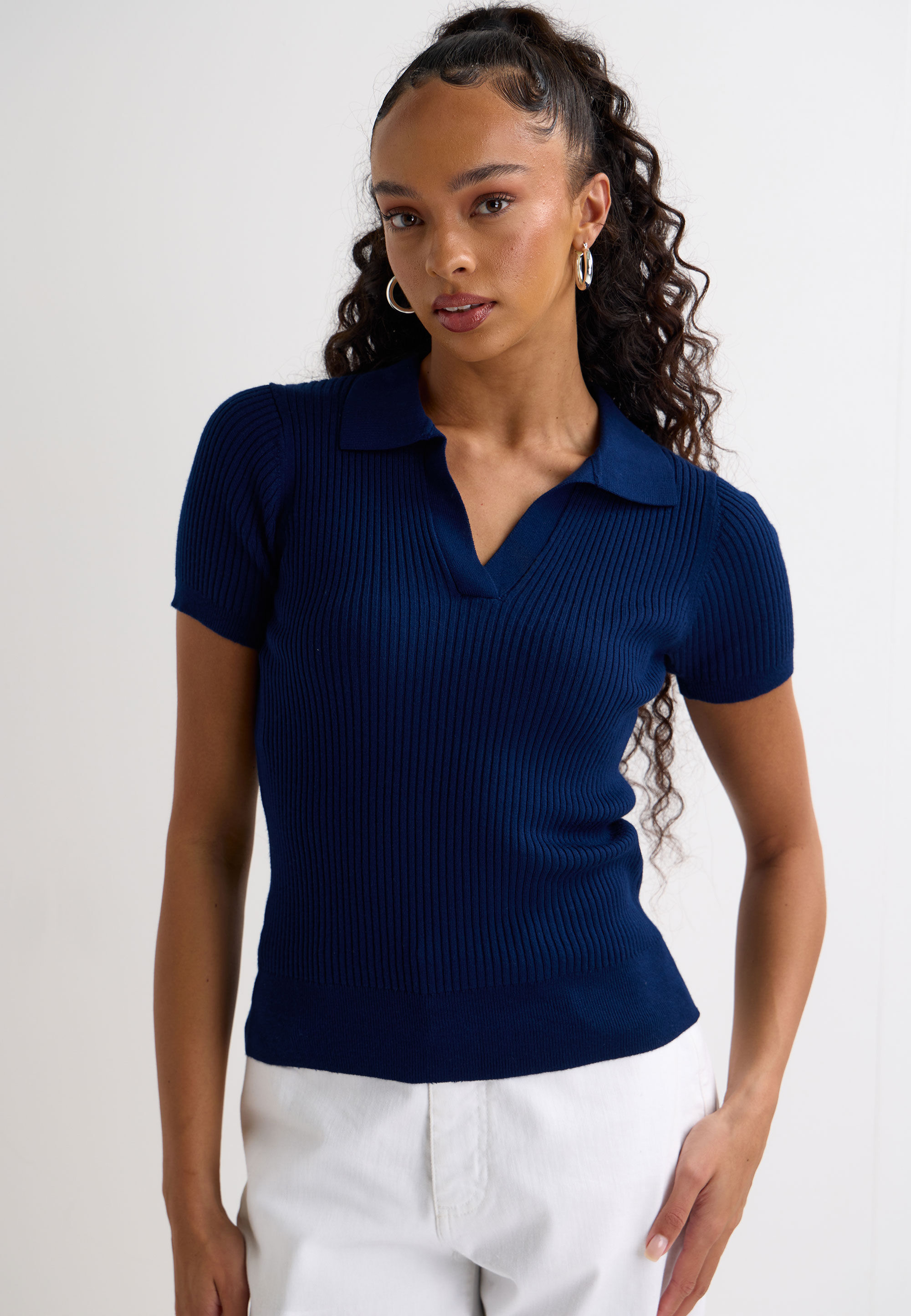 Womens Navy Ribbed V-Neck Collar Jumper