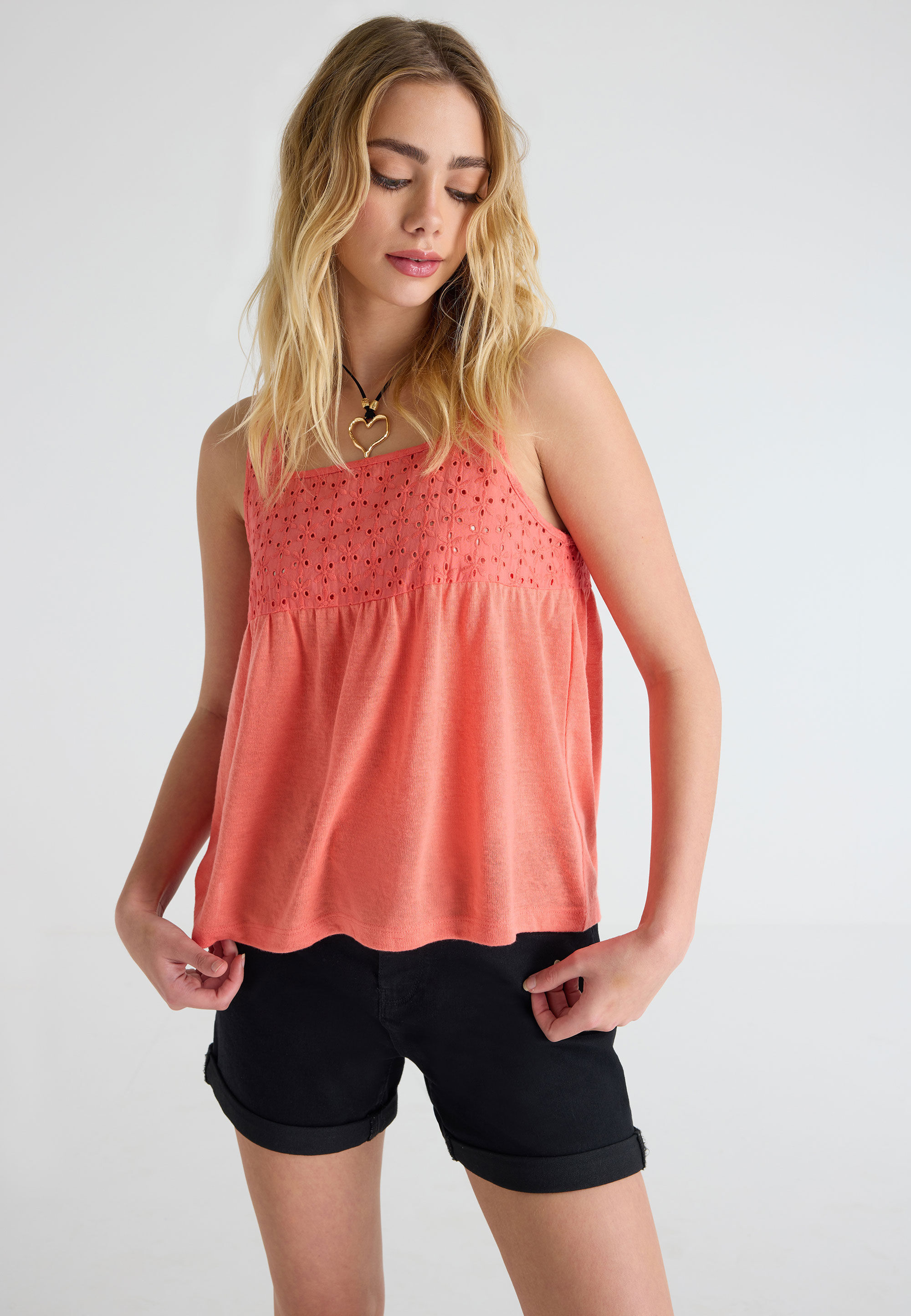 Womens Coral Broderie Swing Vest