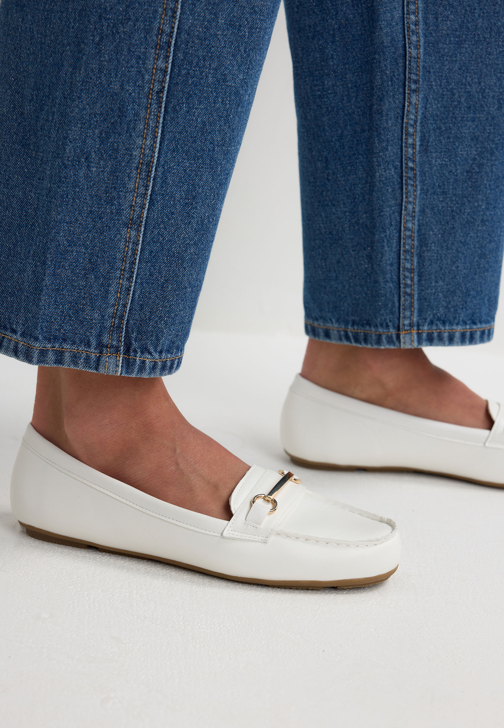 Womens White & Gold Bar Flat Driving Loafer