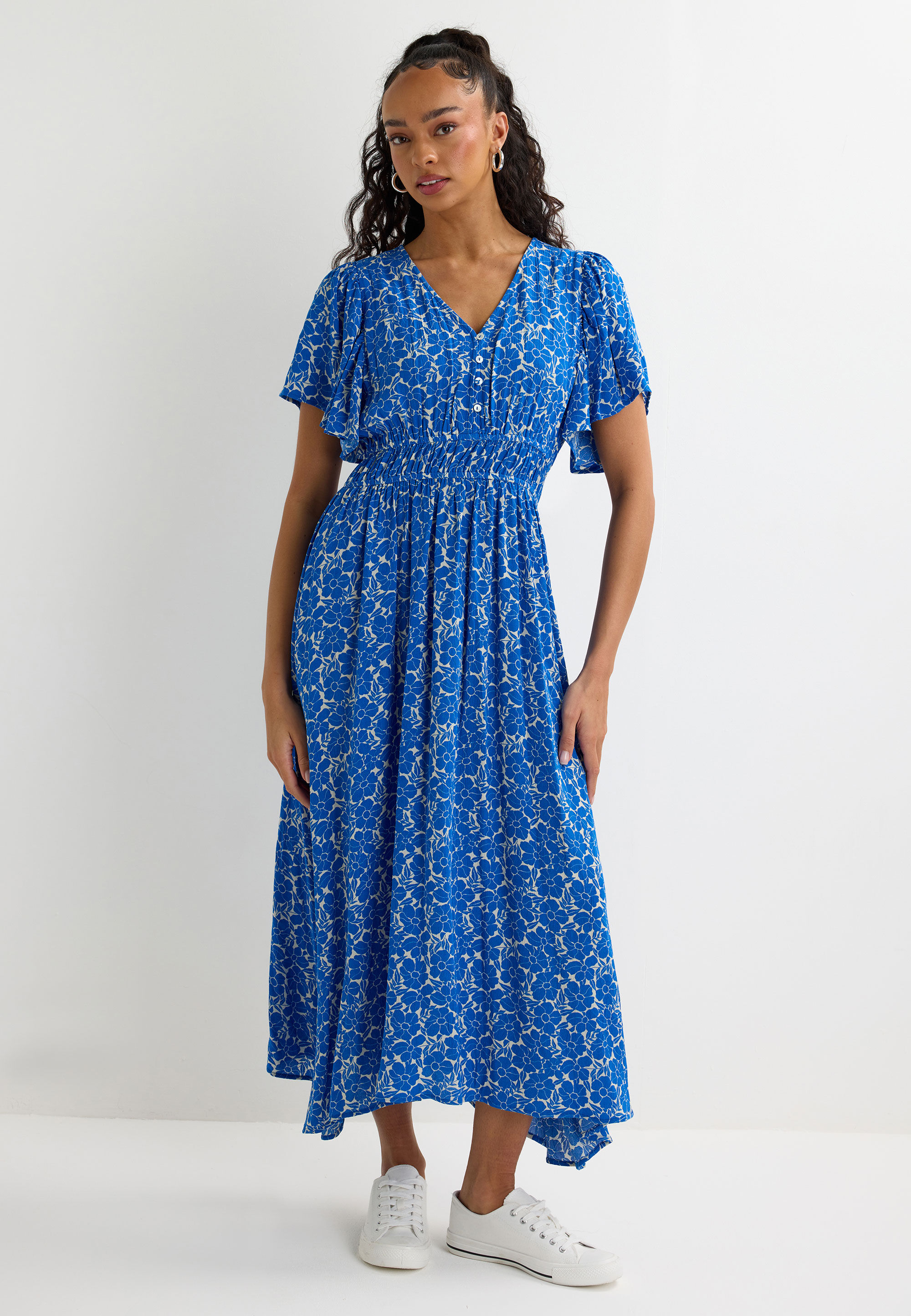 Womens Blue Floral Print High Low Hem Dress