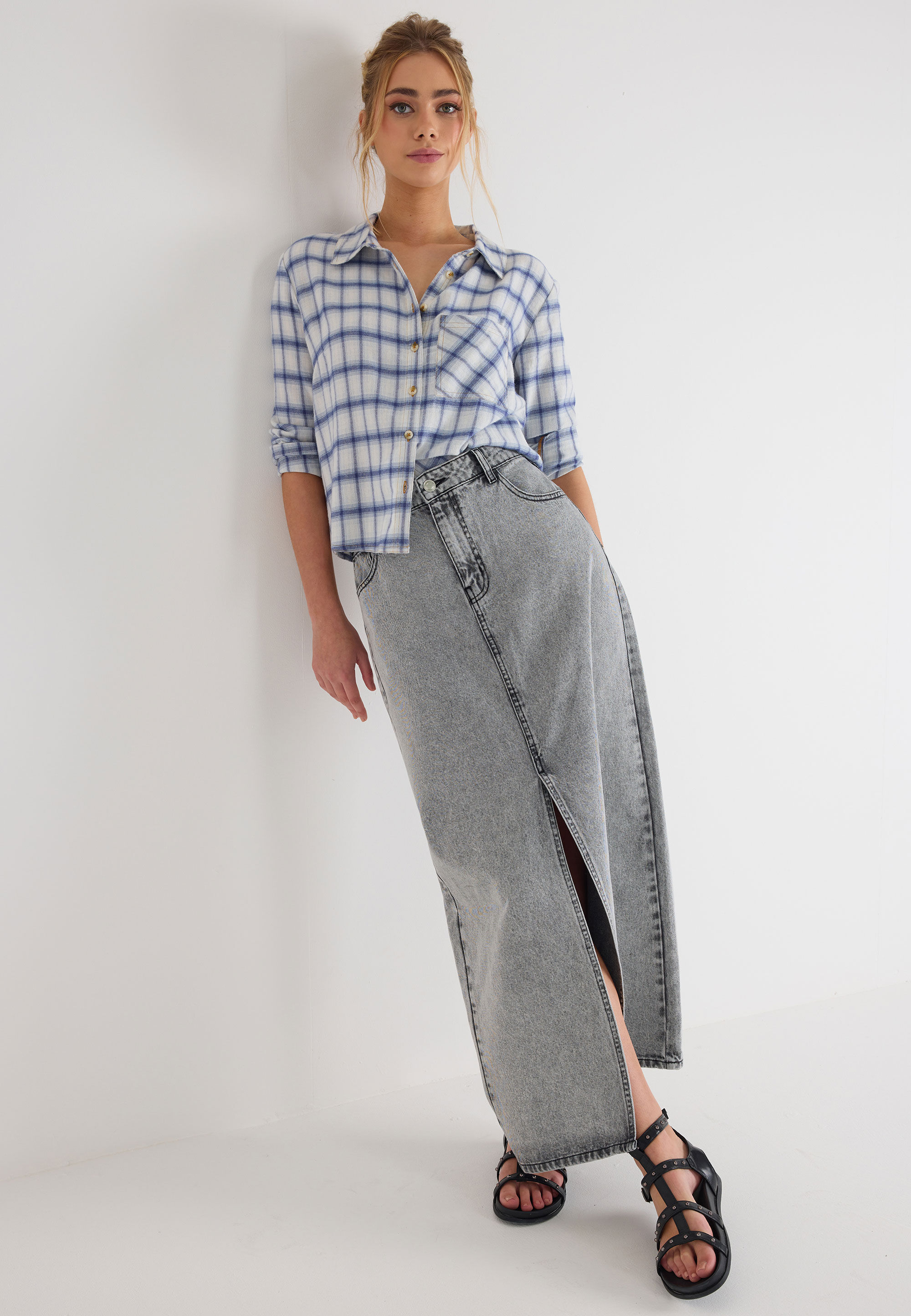 Womens Light Blue Check Long Sleeve Short Shirt