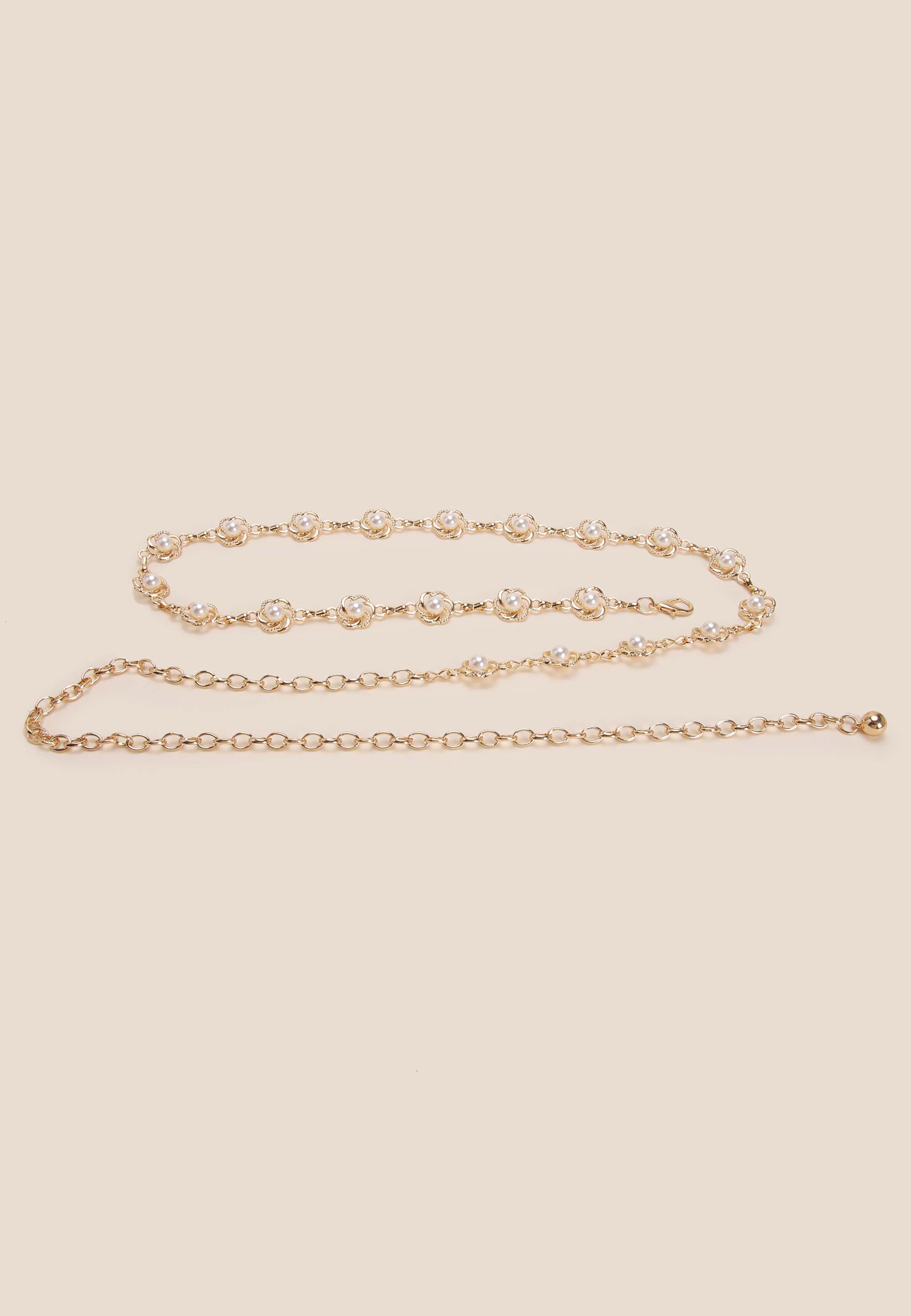 Womens Gold Flower & Pearl Chain Belt