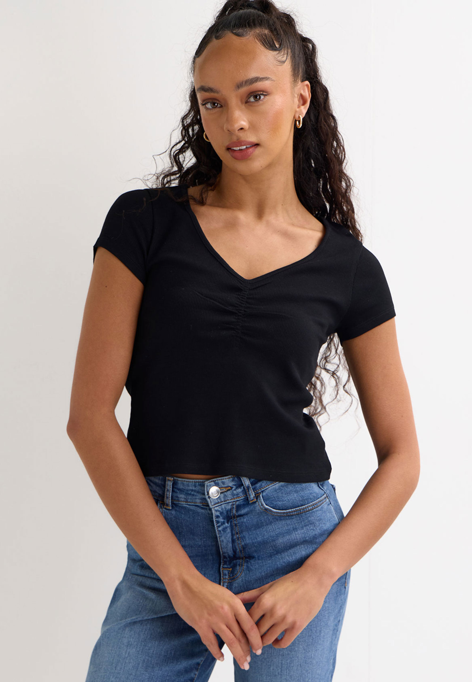 Womens Black Ruched Short Sleeve Top