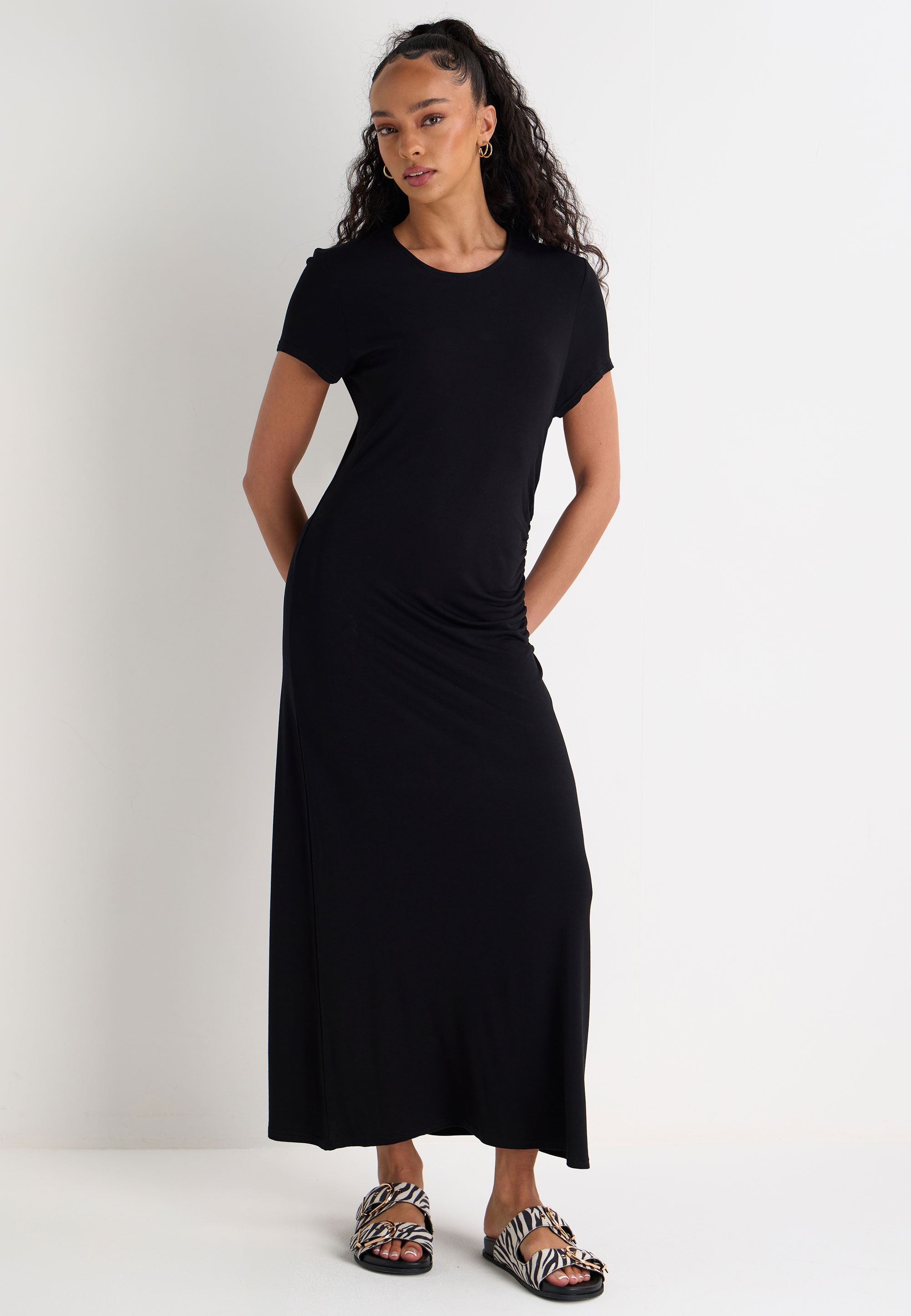 Womens Black Plain Ruched Sides Midi Dress
