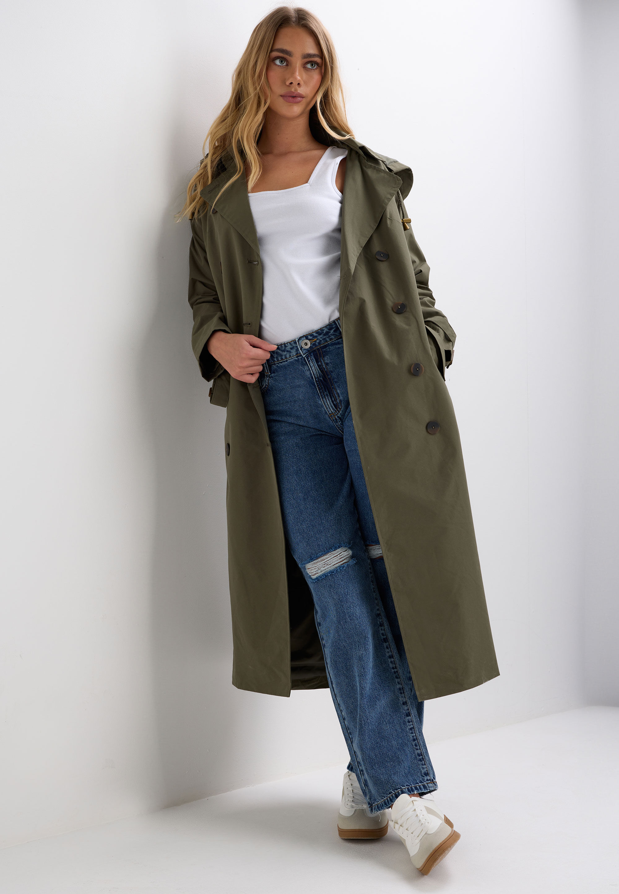 Womens Khaki Double Breasted Hooded Trench Coat