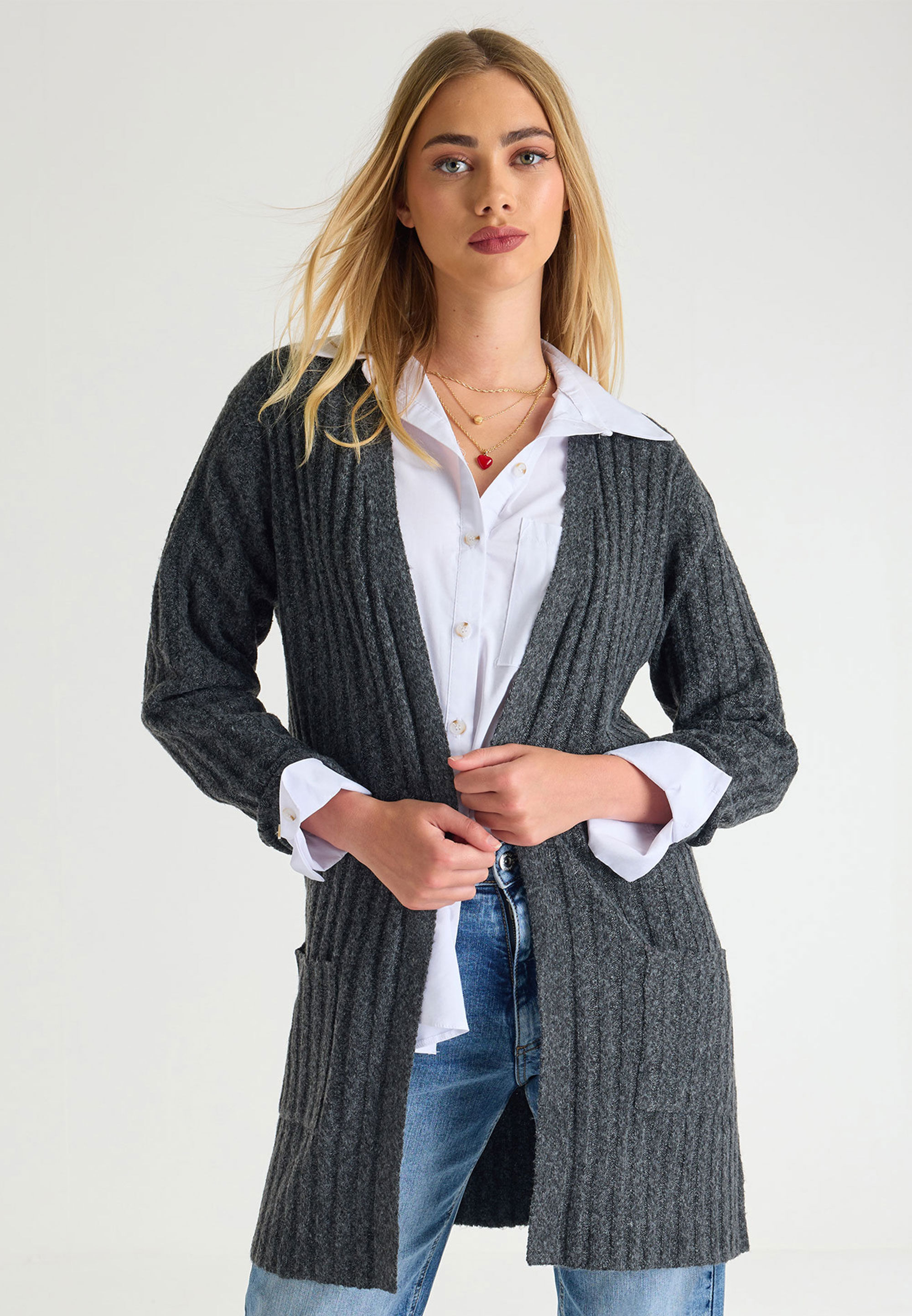 Womens Grey Ribbed Long Cardigan