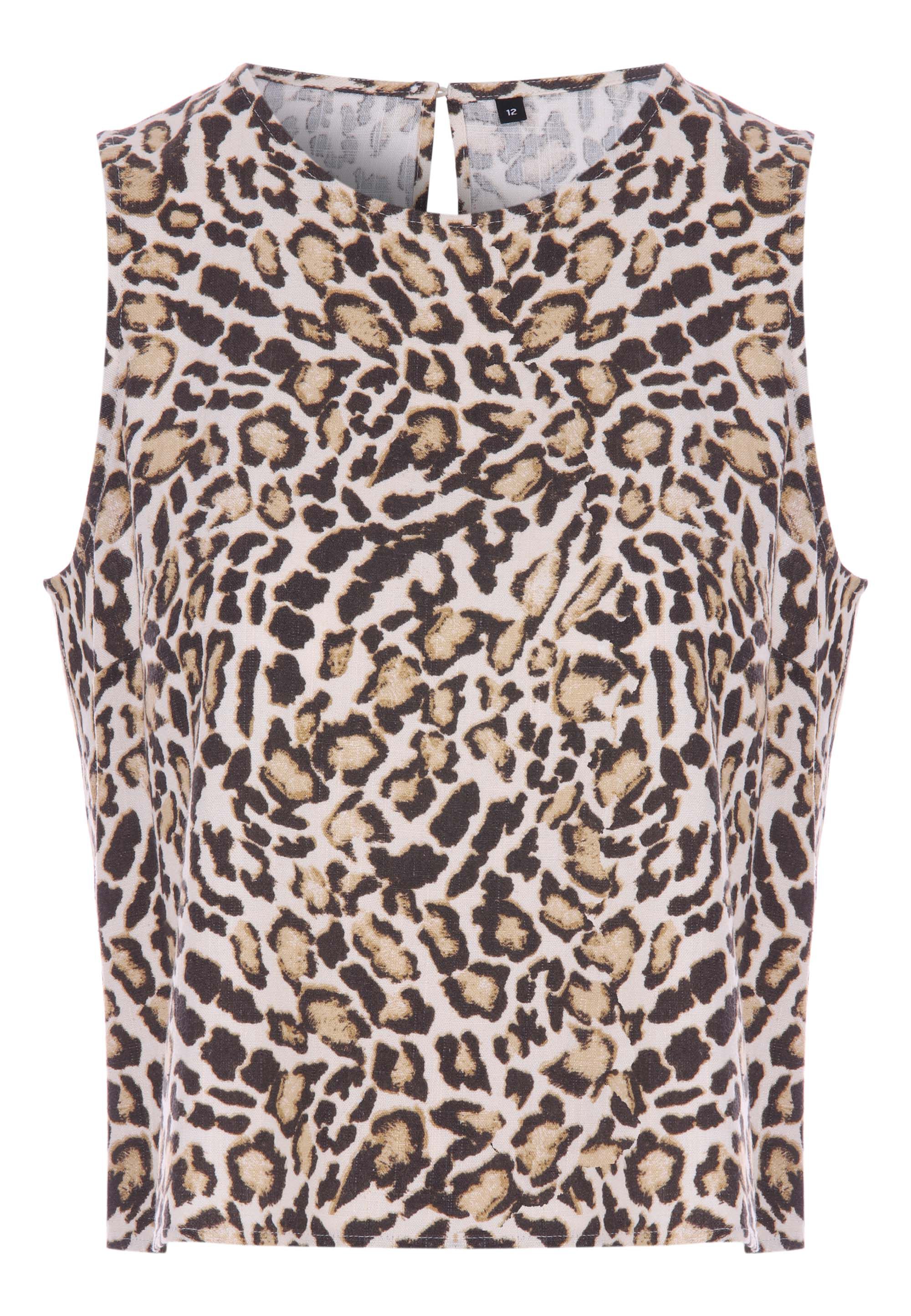 Womens Cream Leopard Print Linen Vest Top