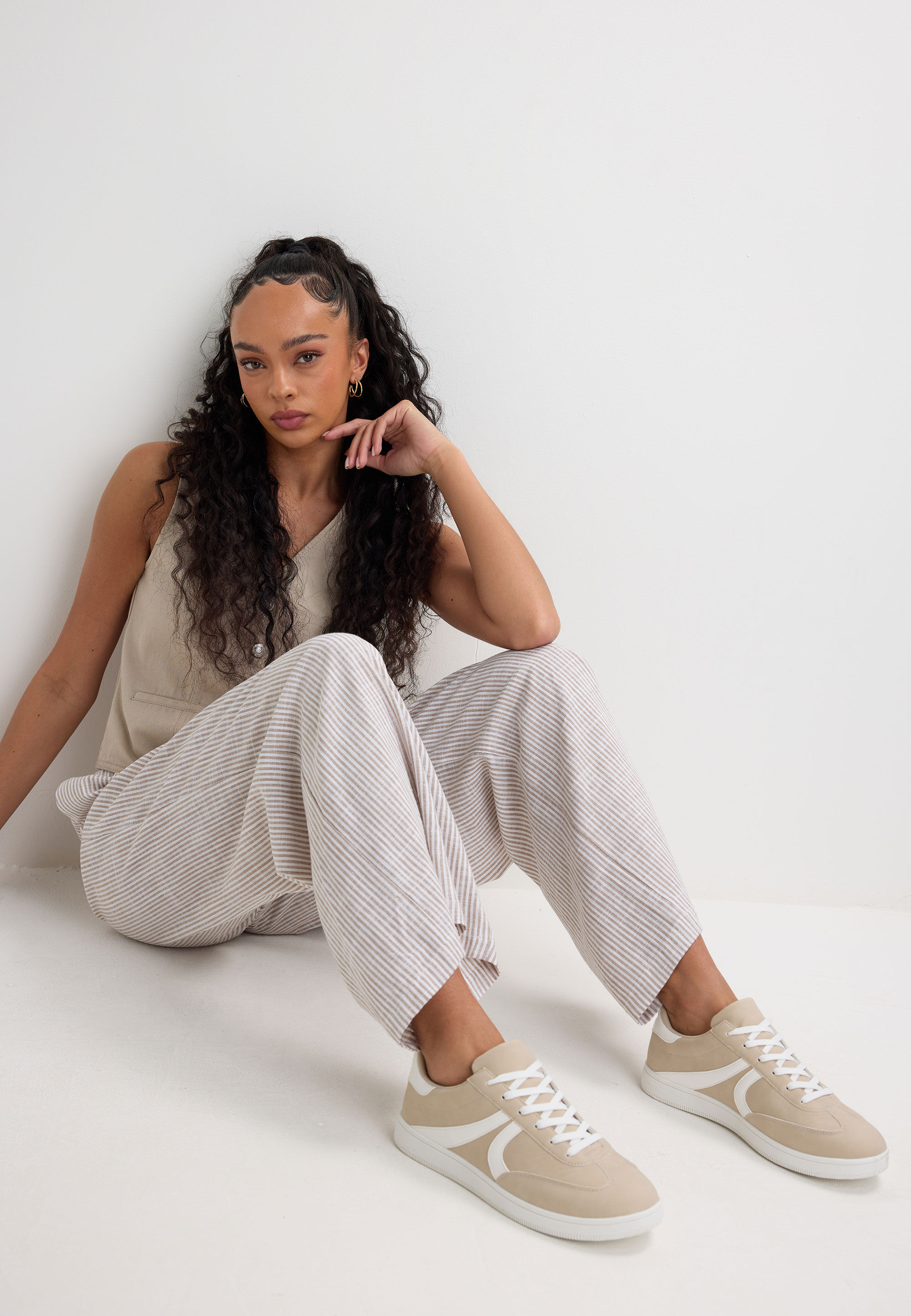 Womens Beige & White Side Stripe Trainers