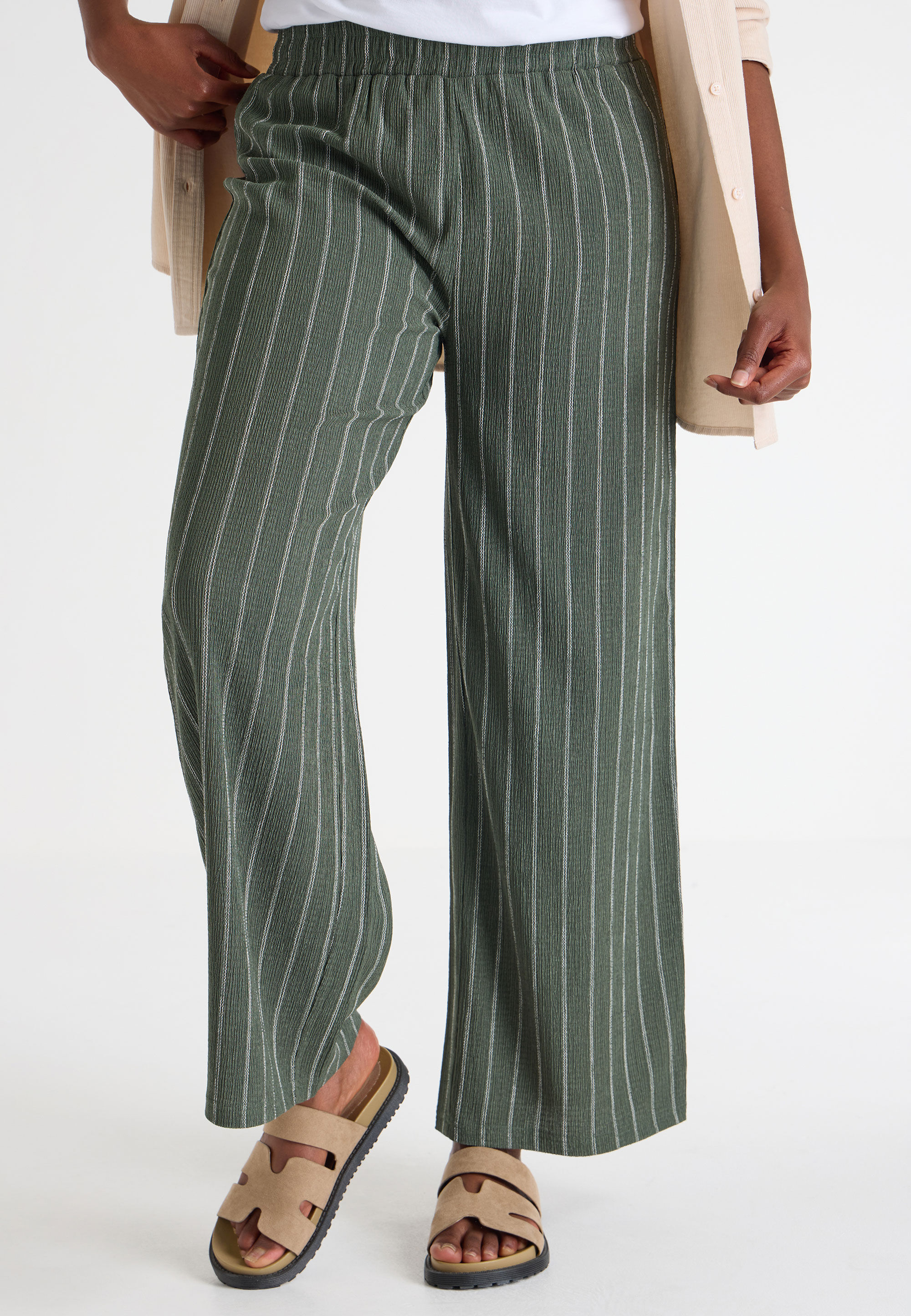Womens Khaki Stripe Wide Leg Trousers