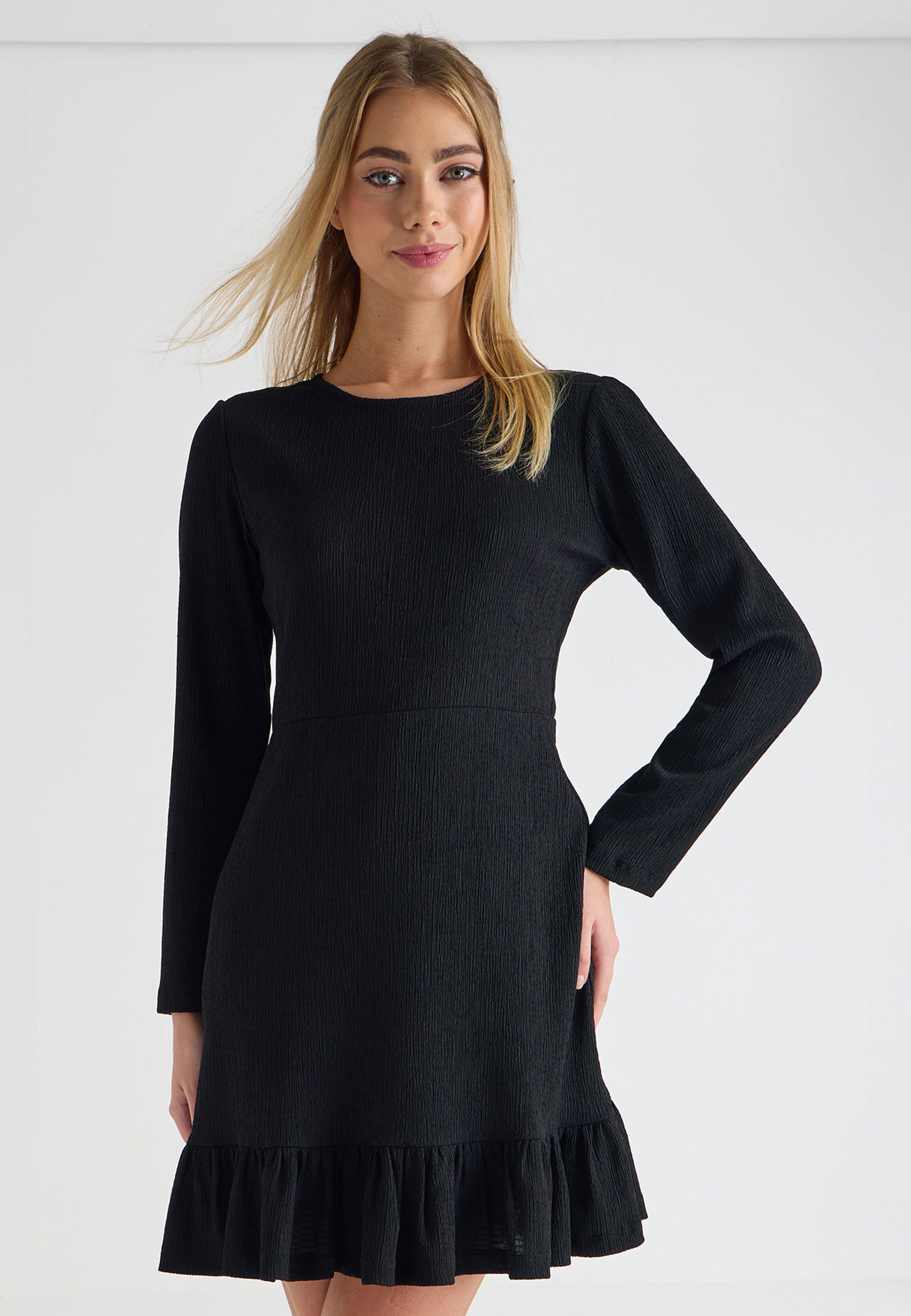 Womens Black Plain Frill Hem Dress