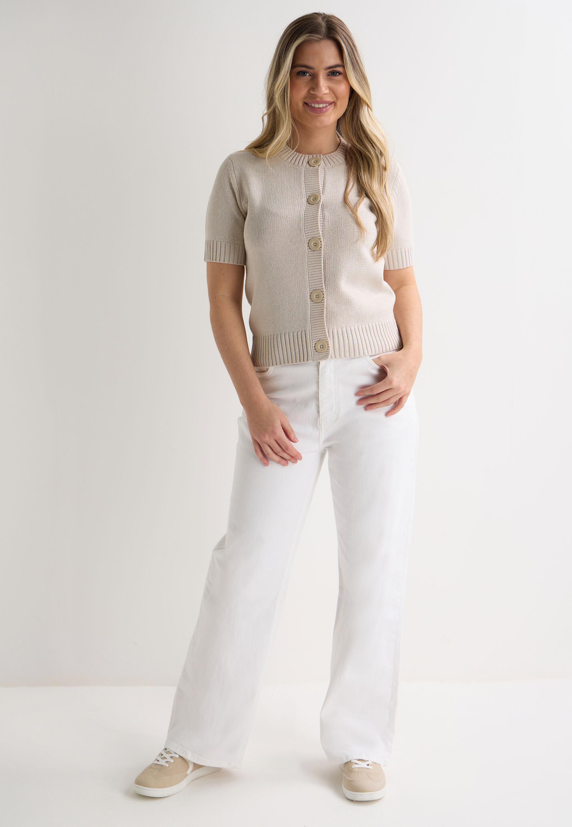 Womens Stone Button Front Short Sleeve Cardigan
