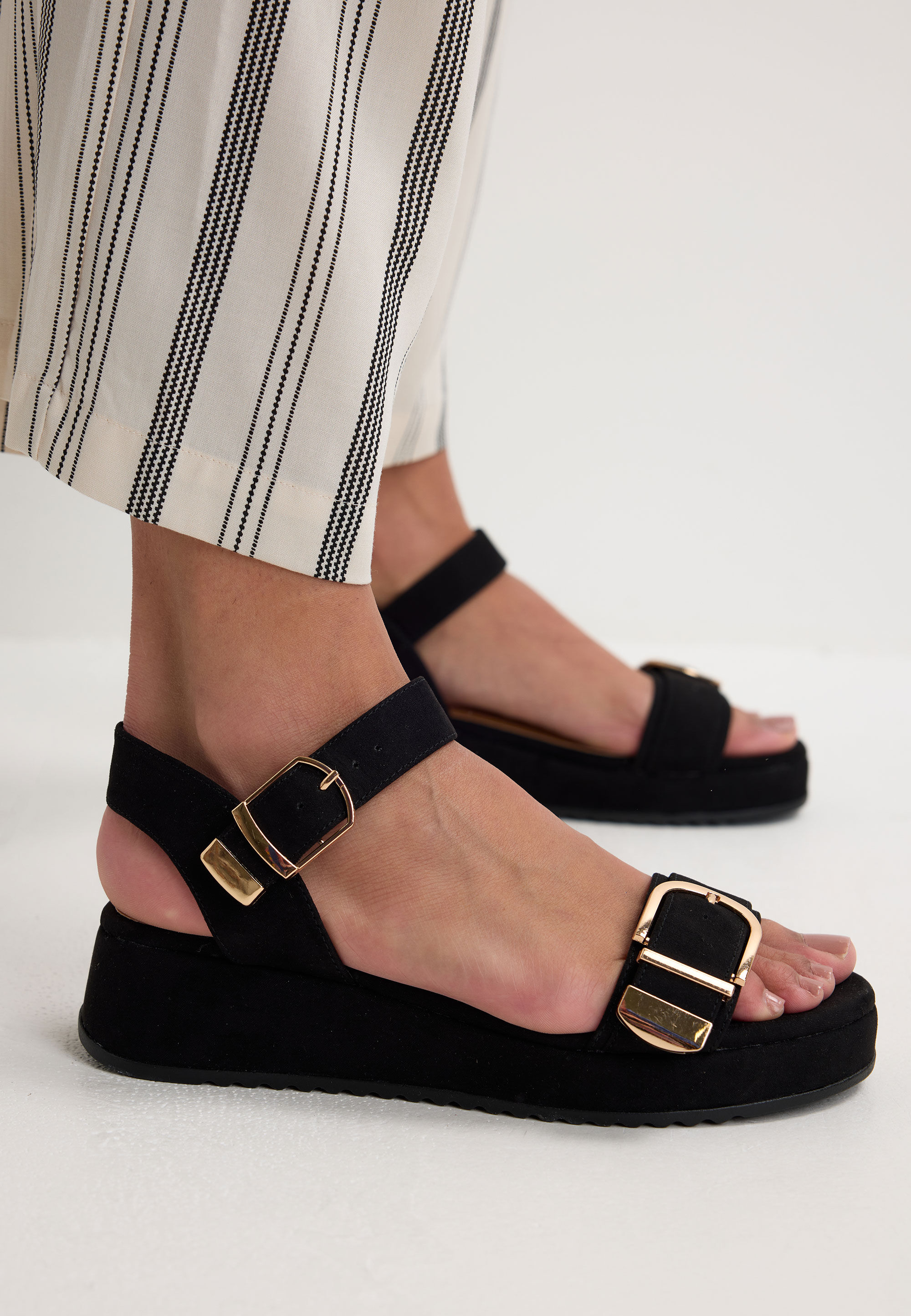 Womens Black Two Strap Wedge Sandals