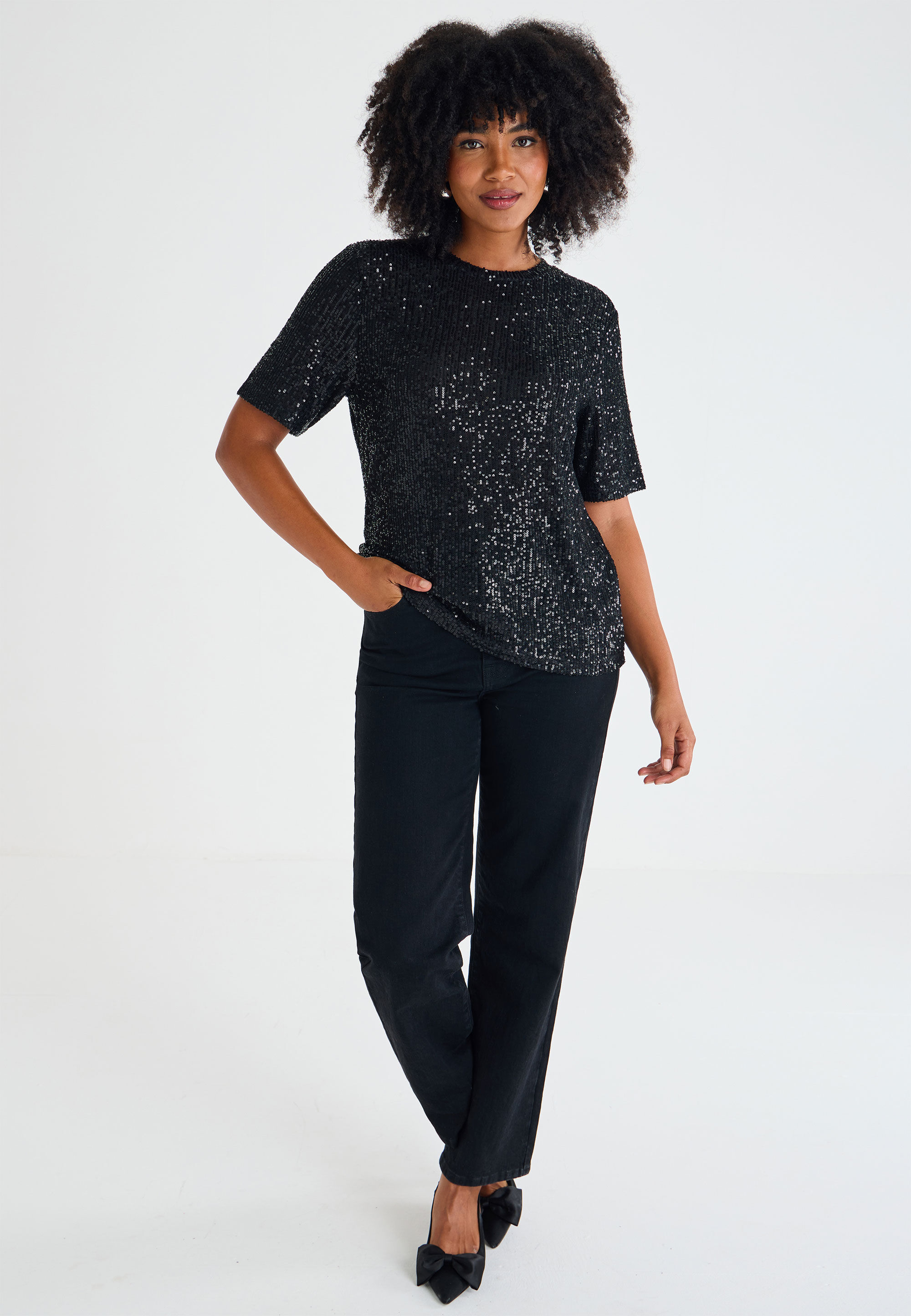 Womens Black Sequin Short Sleeve Top