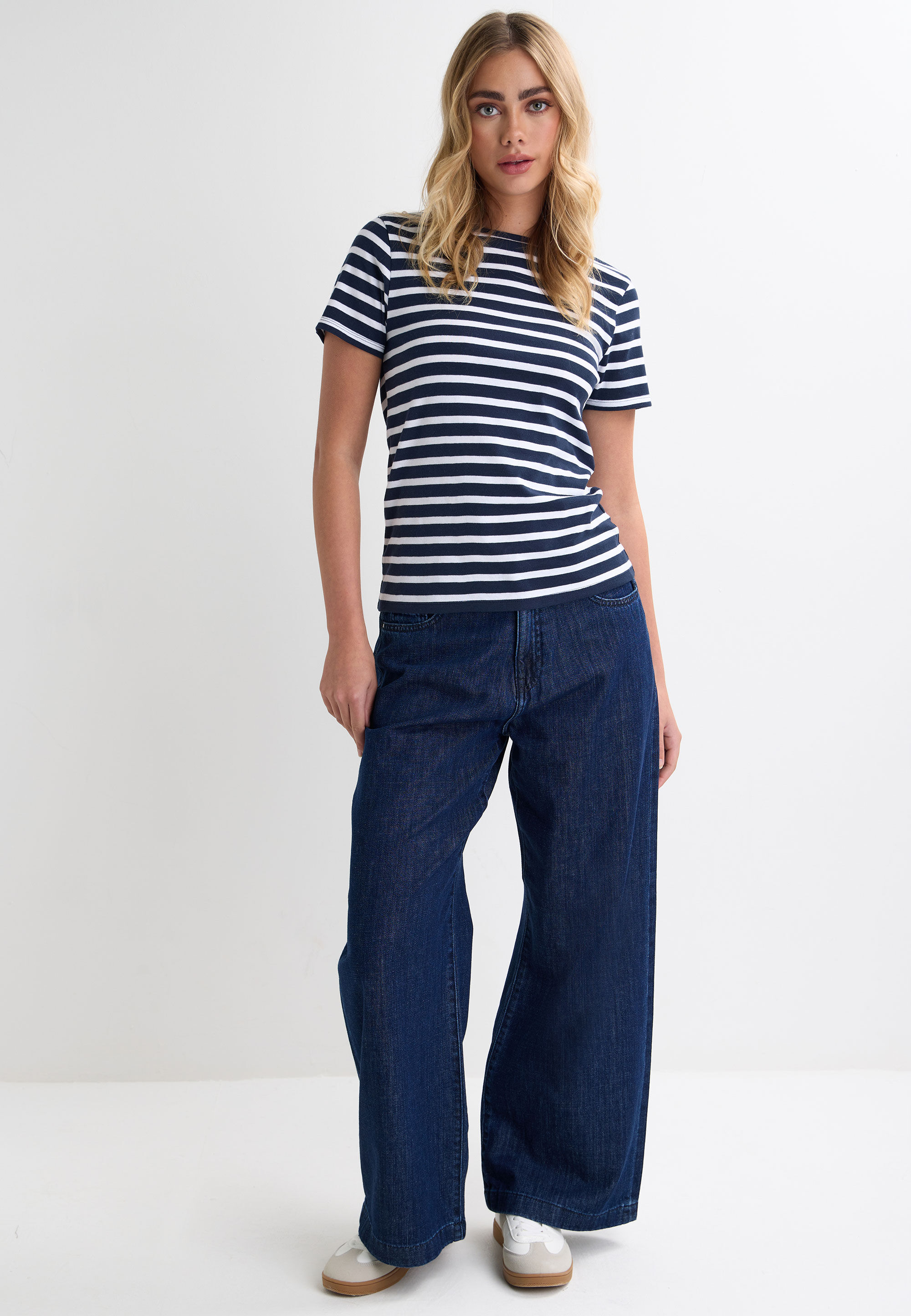 Womens Navy Stripe Fitted Crew Neck Top