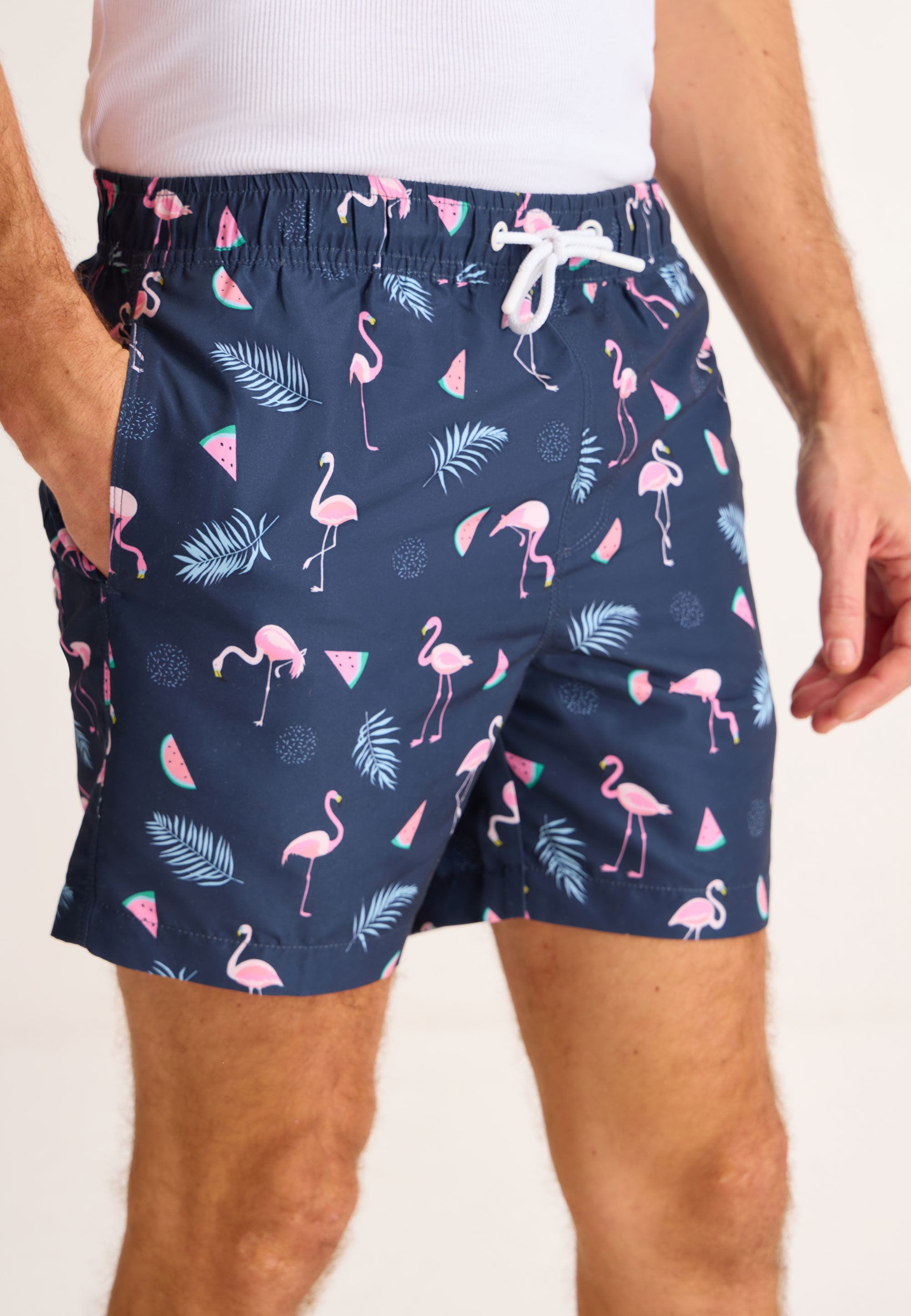 Mens Navy Flamingo Print Swim Shorts