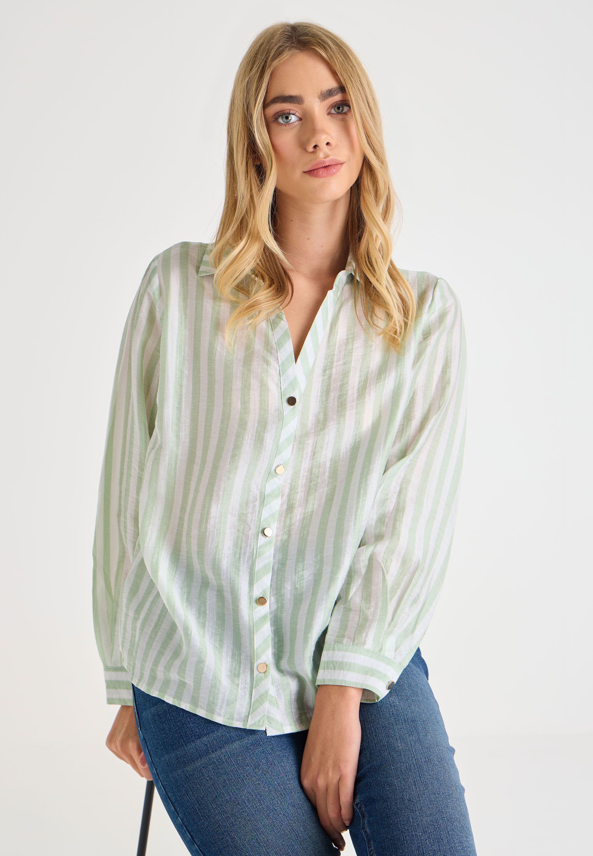 Womens Green Stripe Long Sleeve Shirt