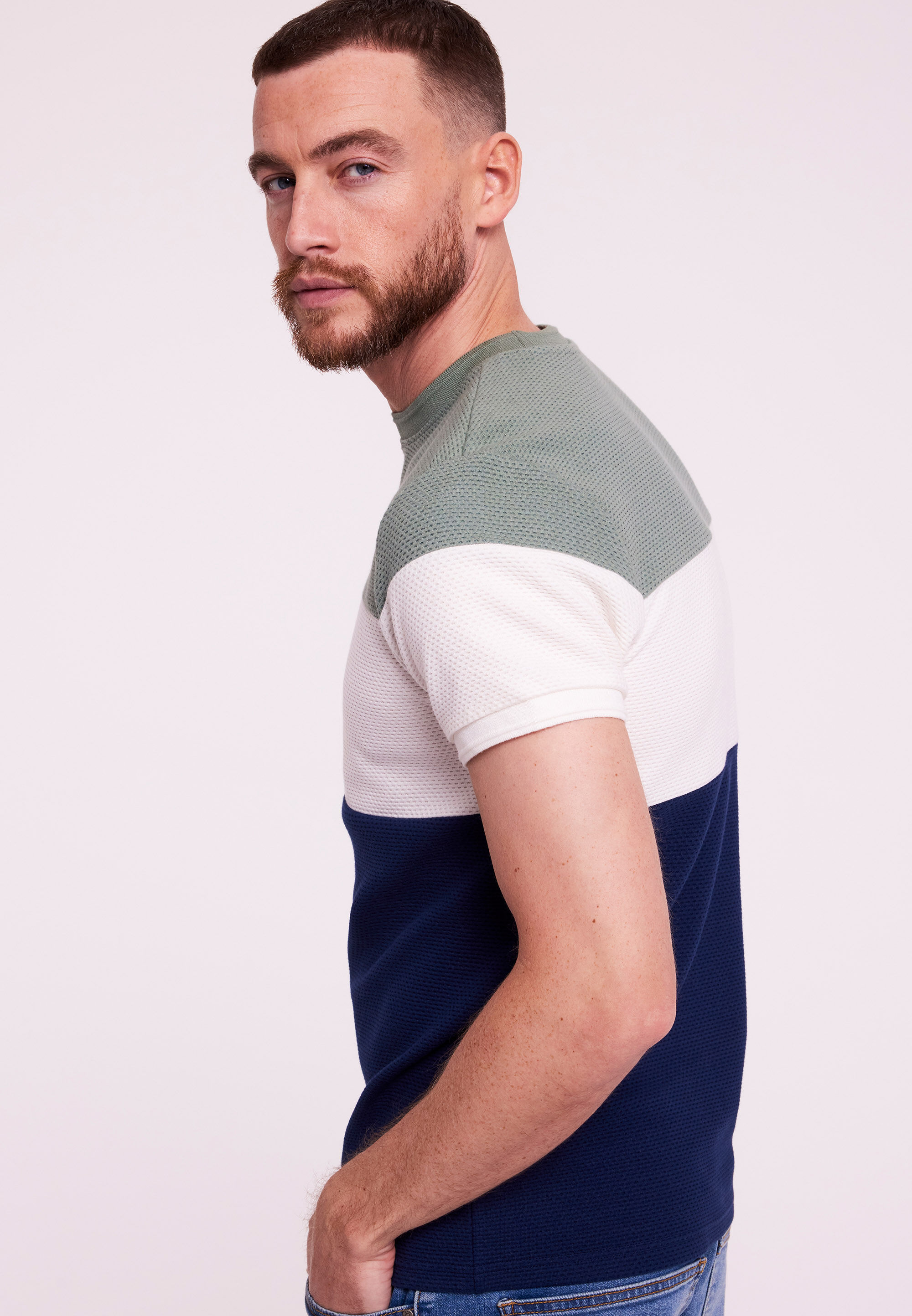 Mens Sage Colour Block Textured T-Shirt