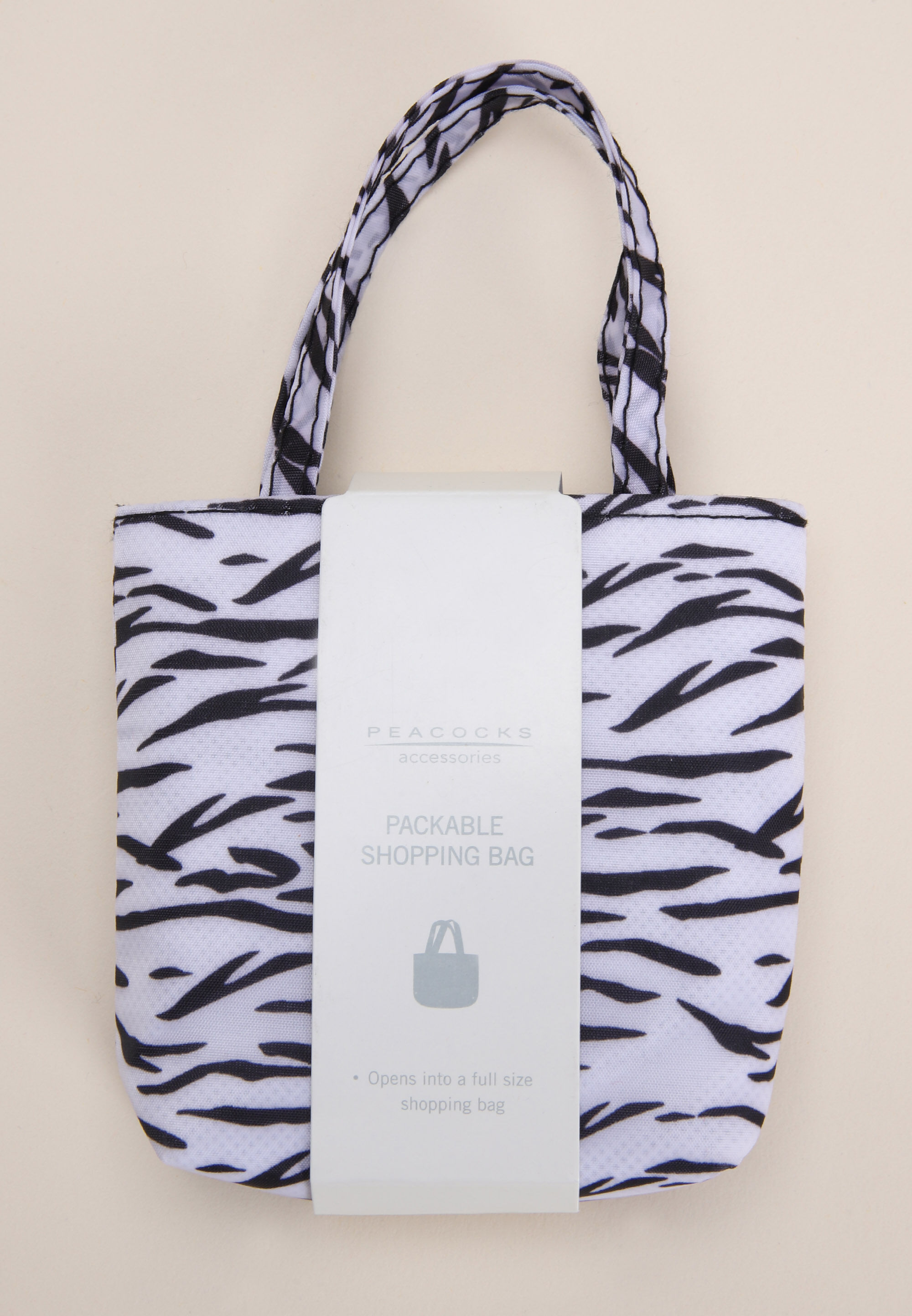 Womens Black & White Zebra Foldable Shopper Tote Bag