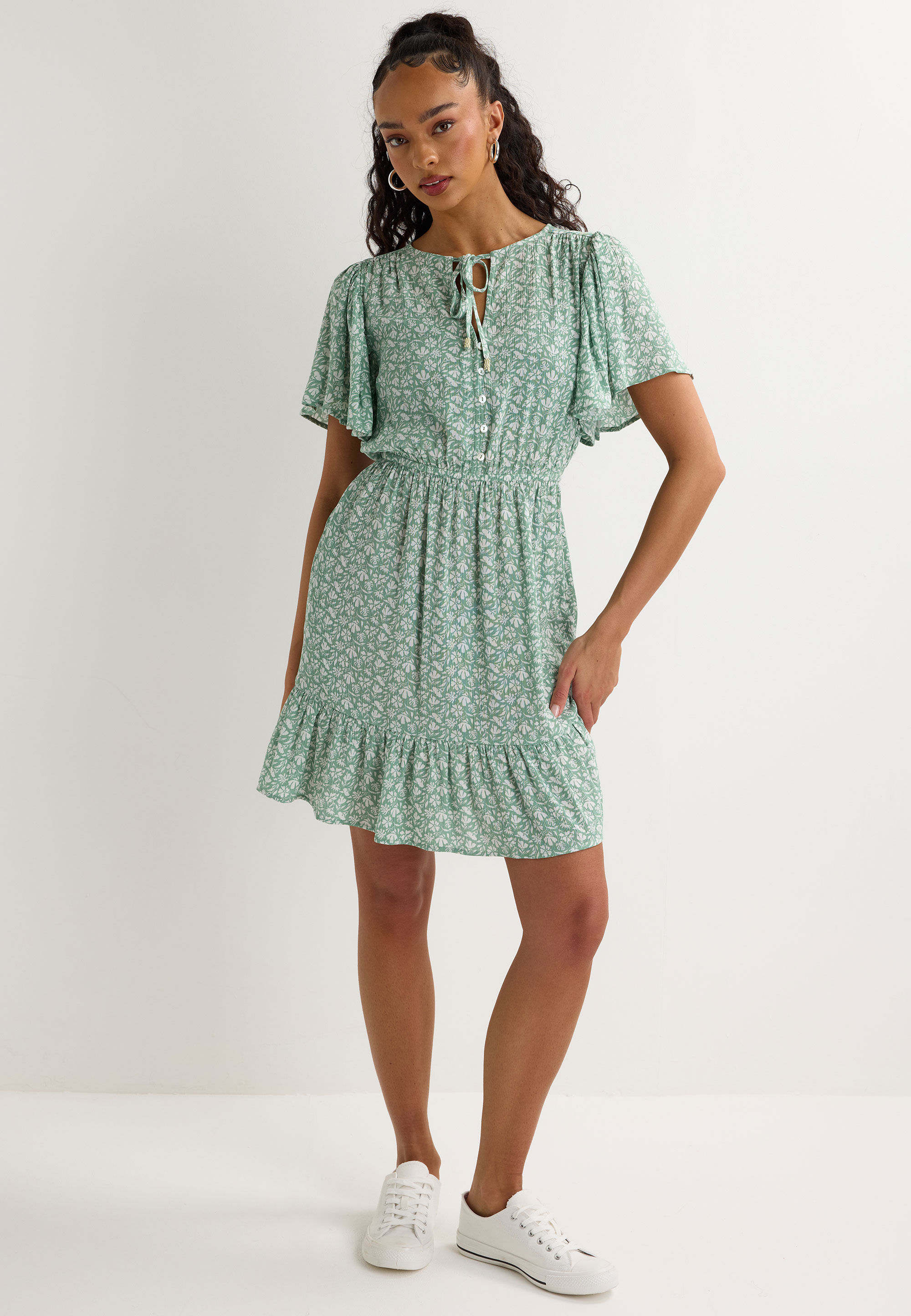 Womens Sage Floral Flutter Sleeve Mini Dress