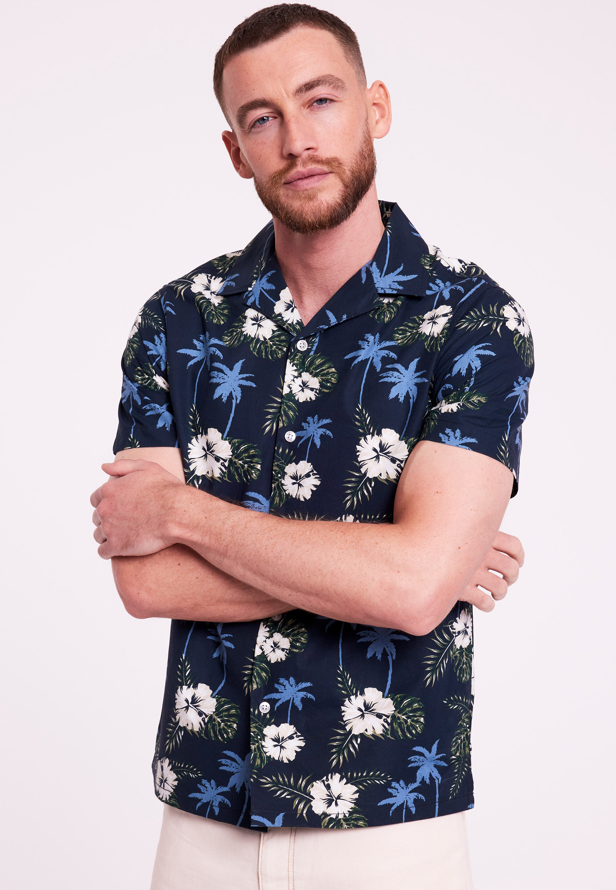Mens Navy Tropical Print Short Sleeve Shirt