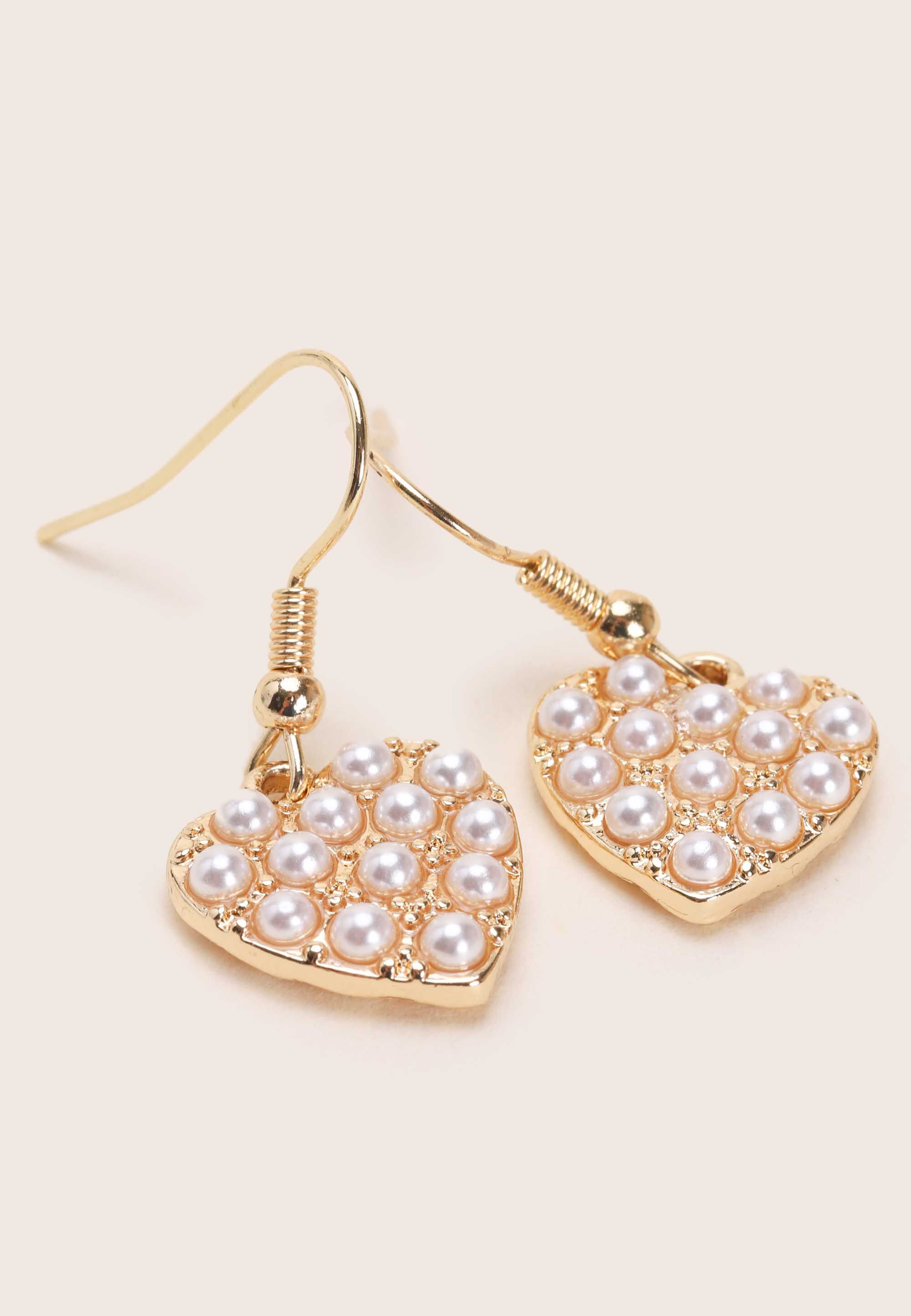 Womens Gold Pearl Heart Drop Earrings