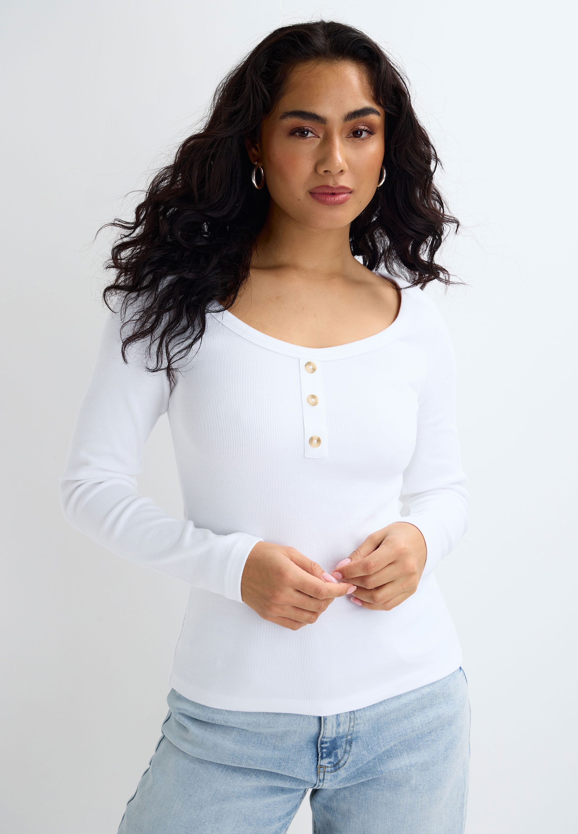 Womens White Plain Button Placket Long Sleeve Top