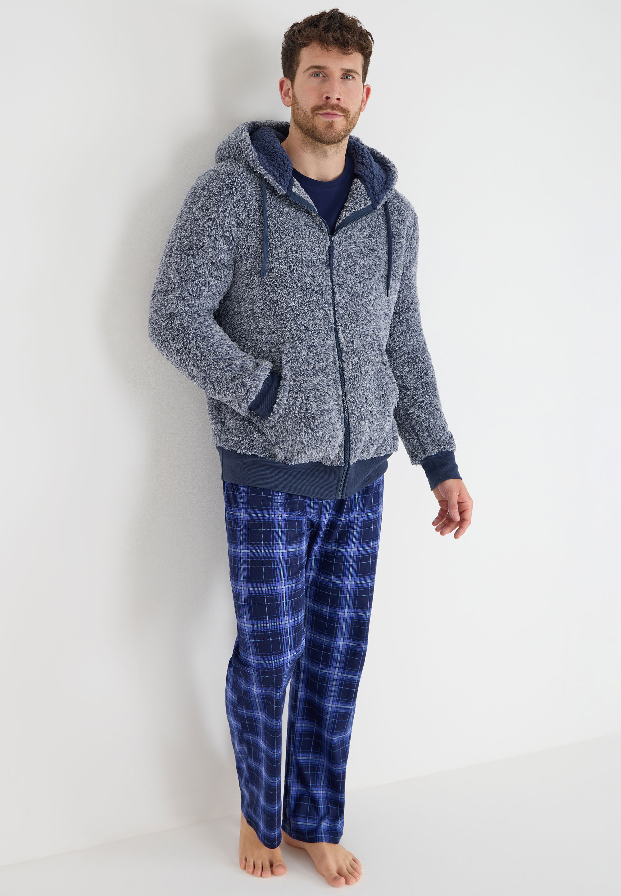 Mens Navy Sherpa Zip Through Hoody