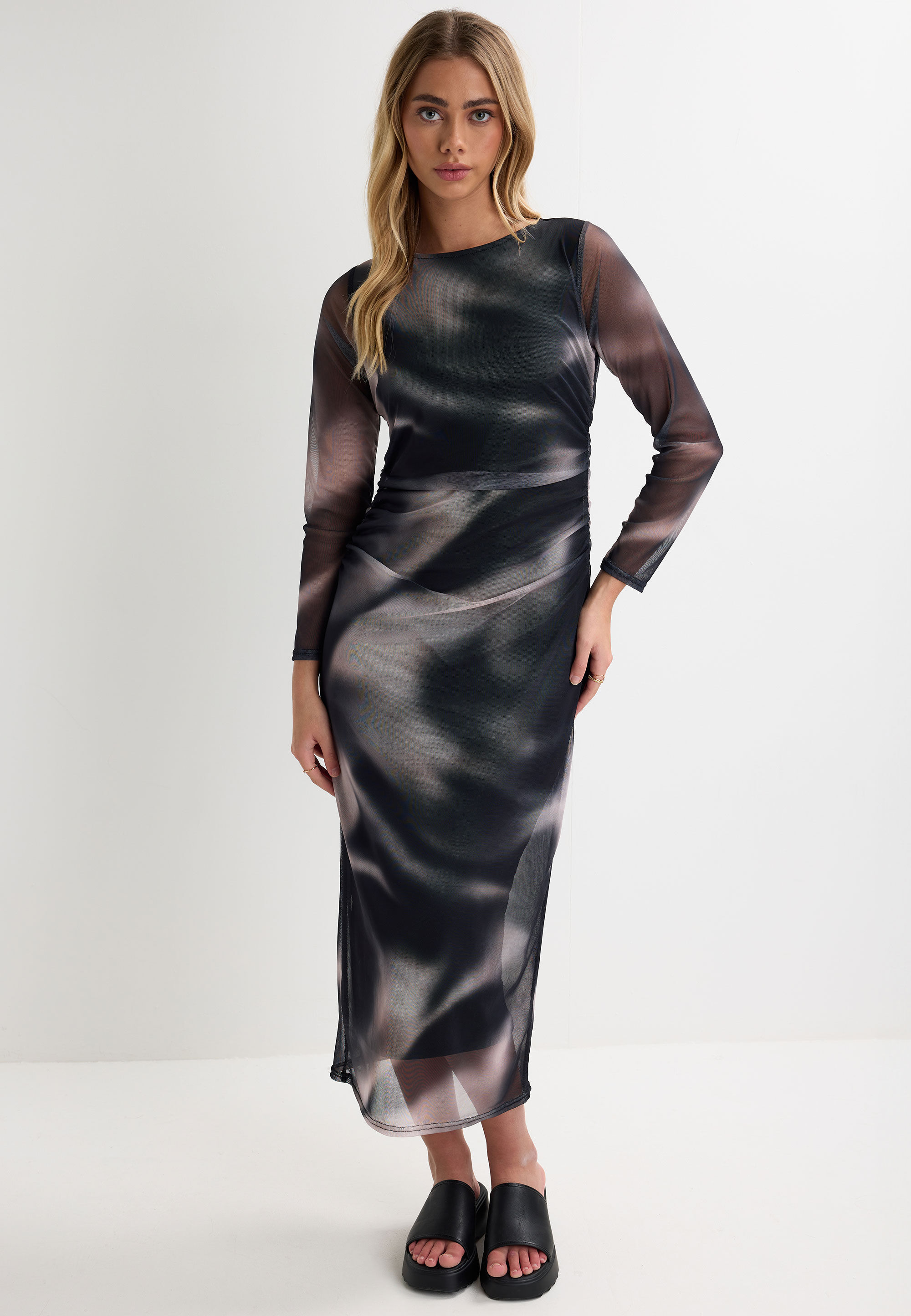 Womens Grey Marble Print Ruched Sides Midi Mesh Dress