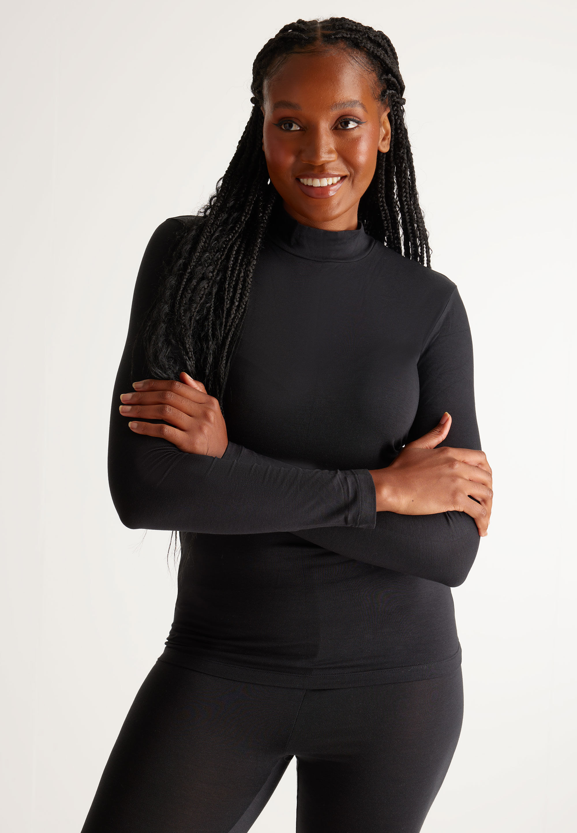 Womens Plain Black Thermal Long Sleeve Roll Neck Top