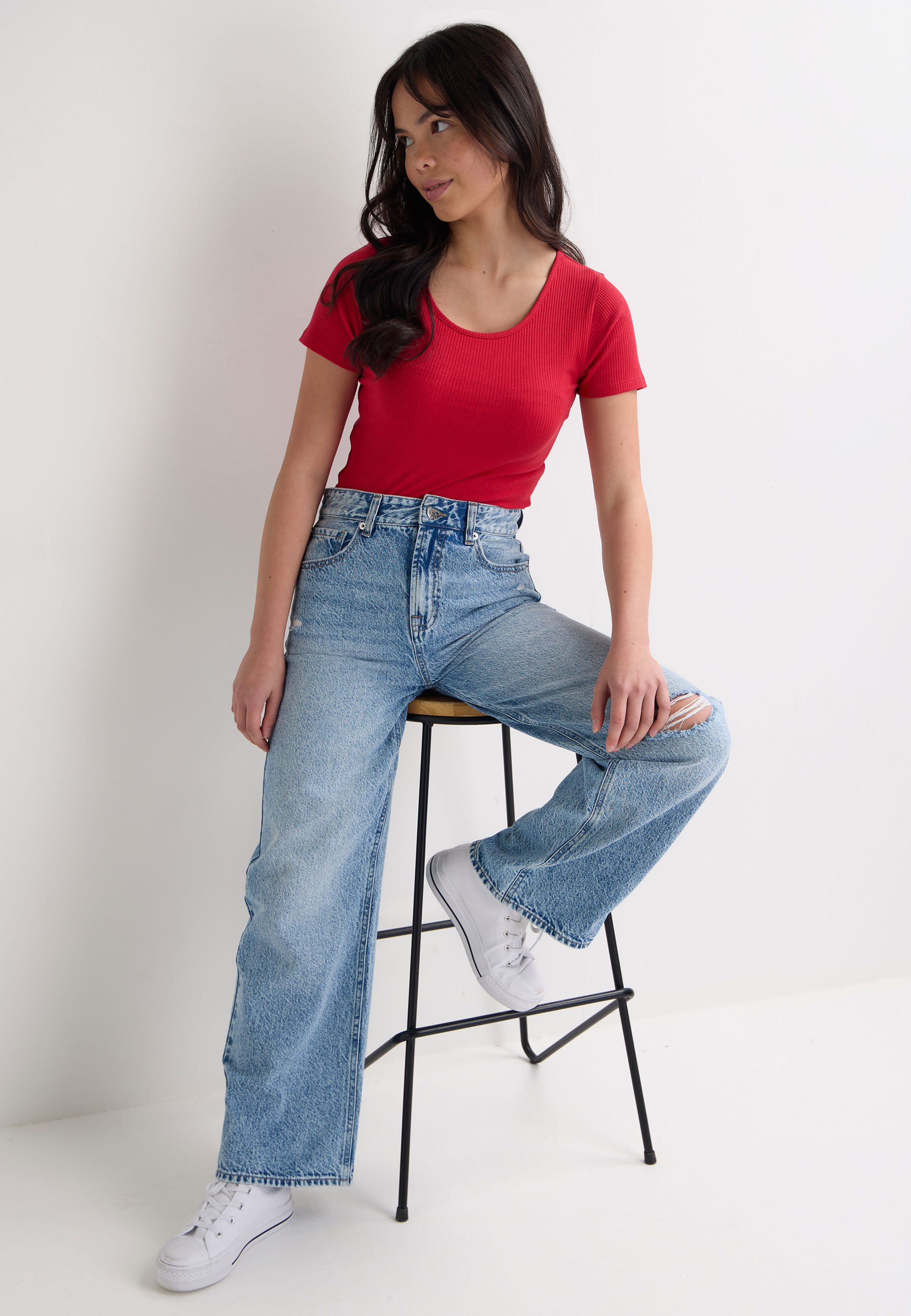 Older Girls Red Ribbed Scoop Neck Top