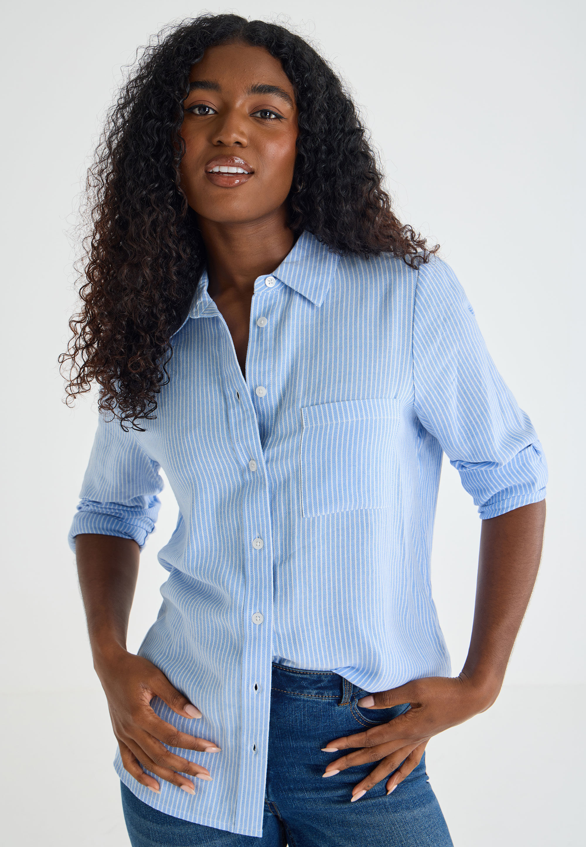 Womens Blue Stripe Long Sleeve Shirt