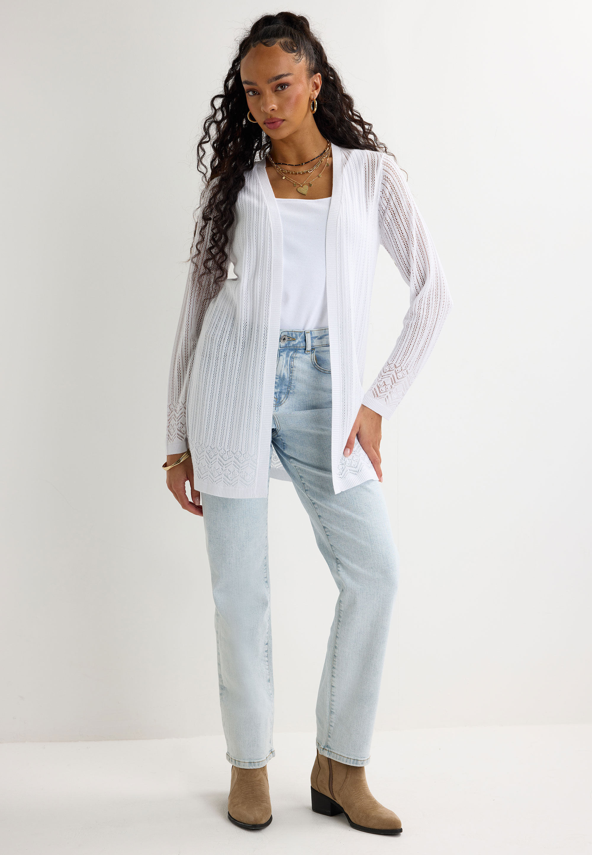 Womens White Pointelle Longline Cardigan