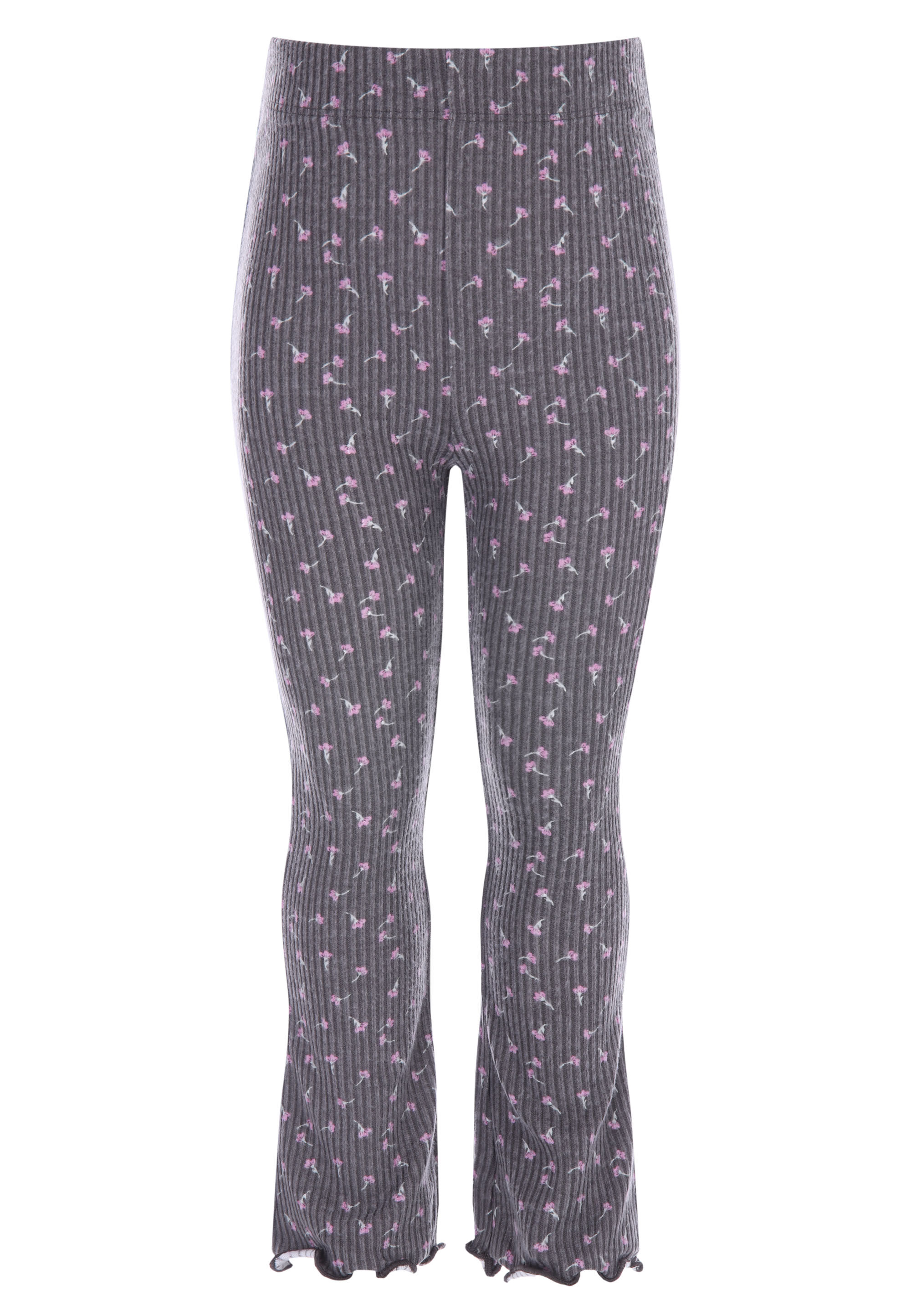 Younger Girls Charcoal Floral Print Ribbed Leggings