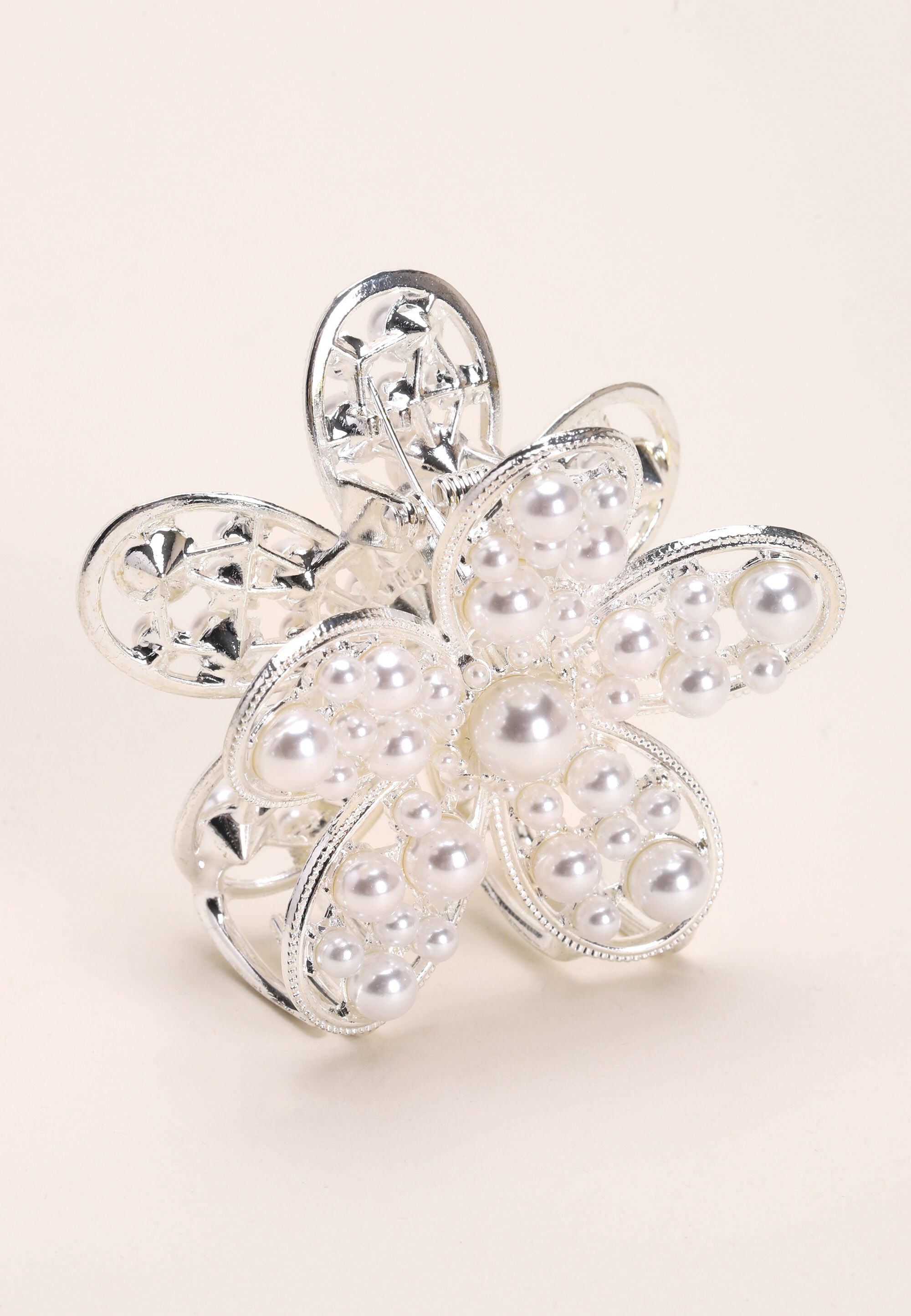 Womens Silver Pearl Flower Claw Hair Clip