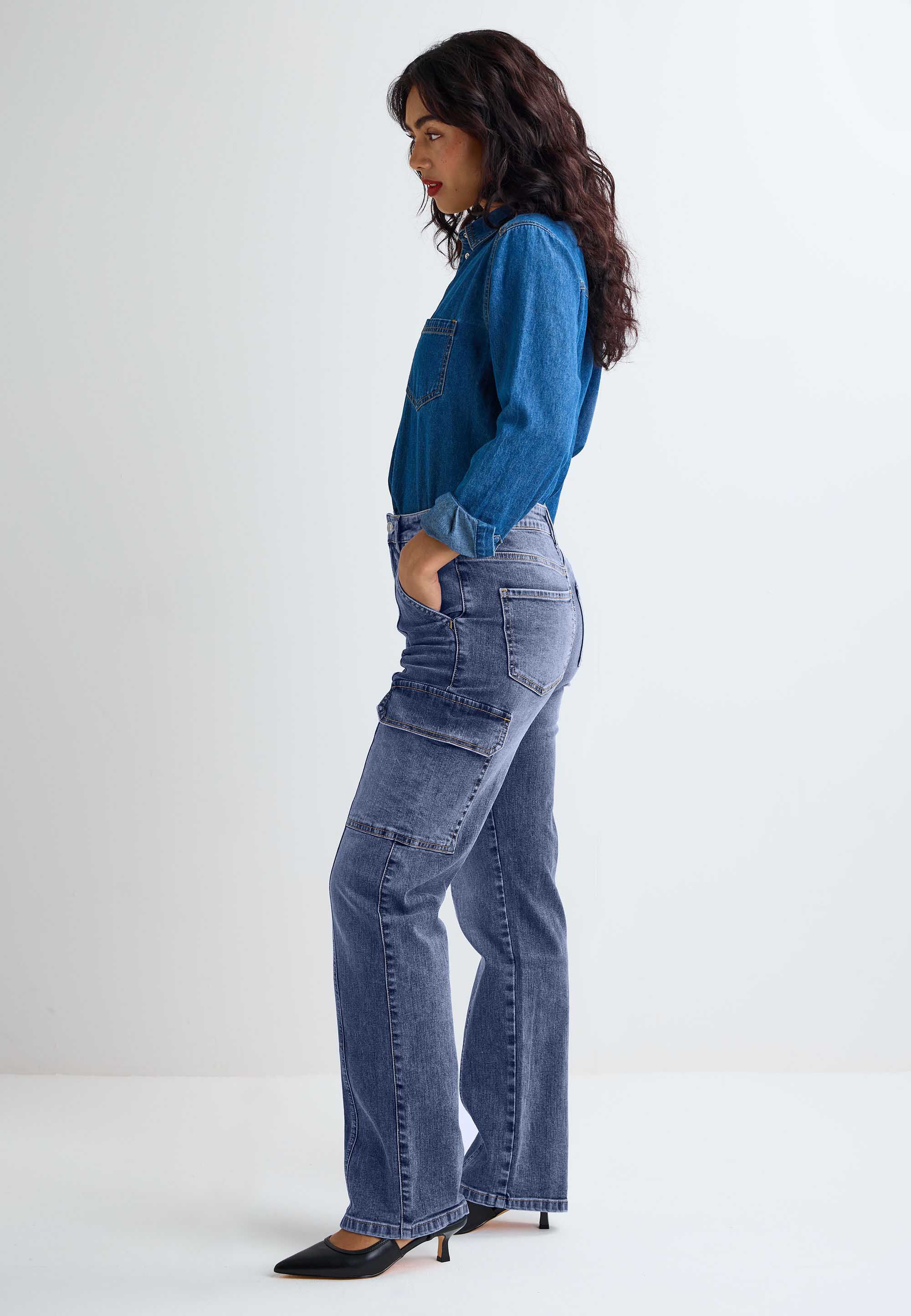 Womens Light Blue Straight Cargo Jeans